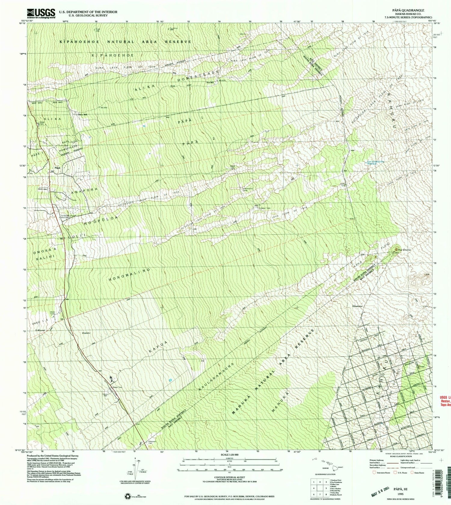 Classic USGS Papa Hawaii 7.5'x7.5' Topo Map Image