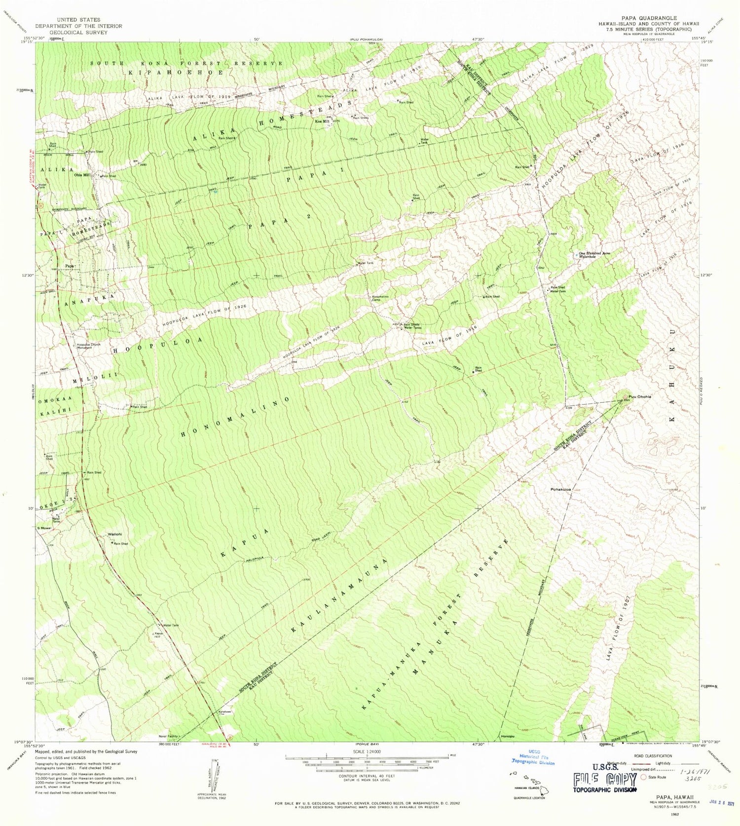 Classic USGS Papa Hawaii 7.5'x7.5' Topo Map Image