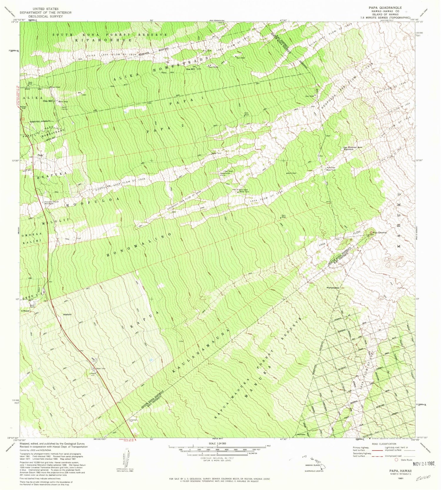 Classic USGS Papa Hawaii 7.5'x7.5' Topo Map Image