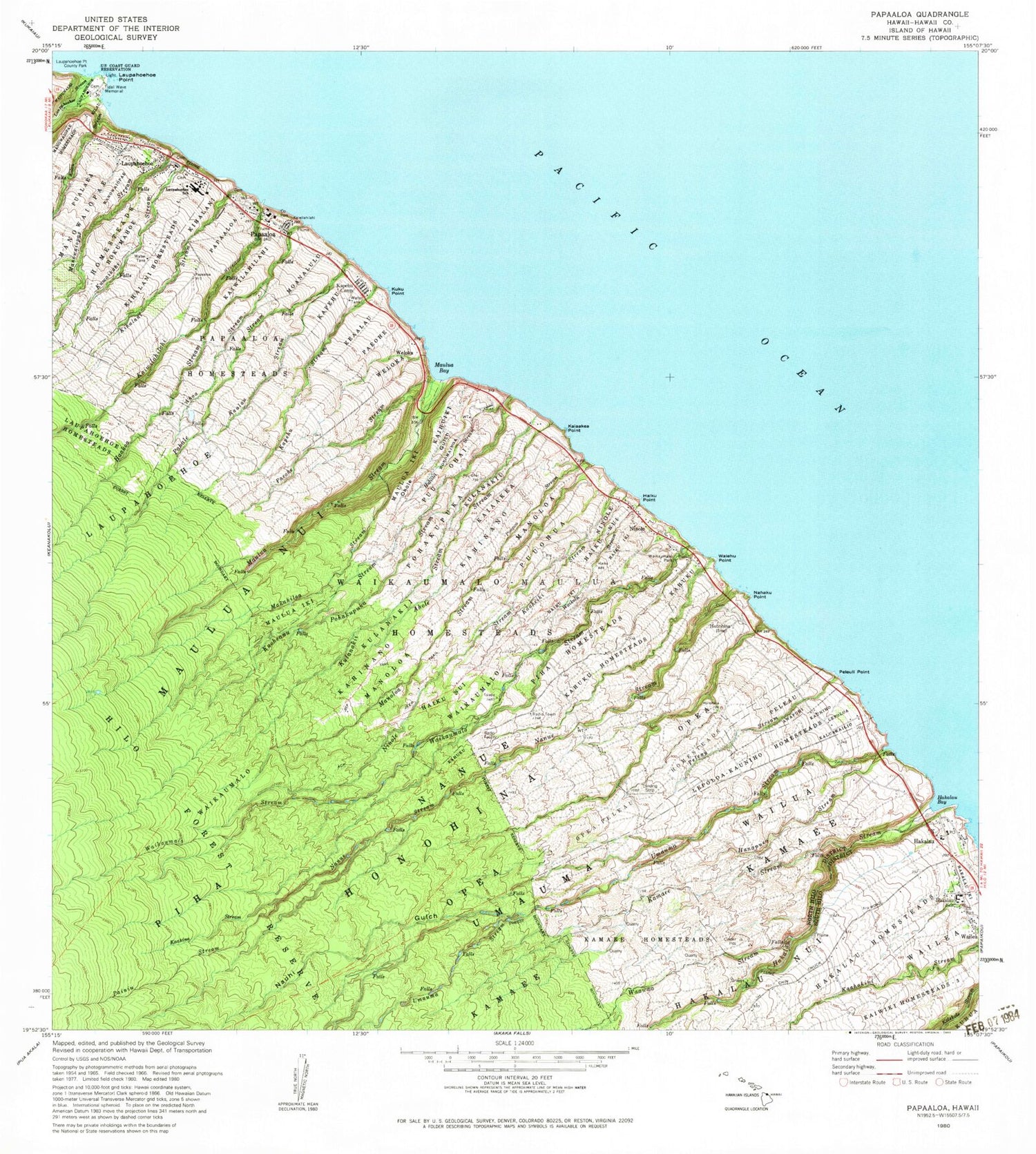 Classic USGS Papaaloa Hawaii 7.5'x7.5' Topo Map Image