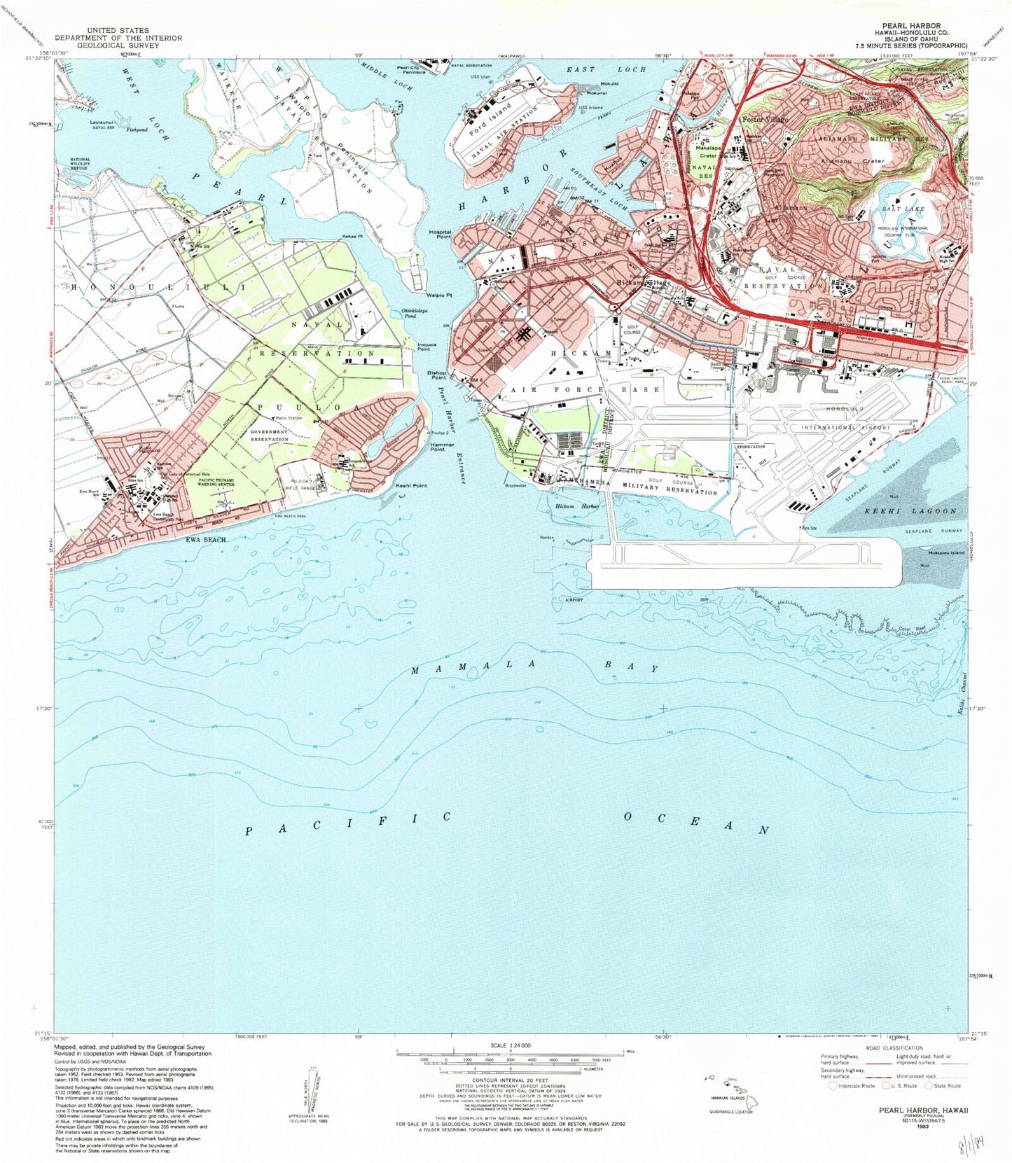Classic USGS Pearl Harbor Hawaii 7.5'x7.5' Topo Map Image