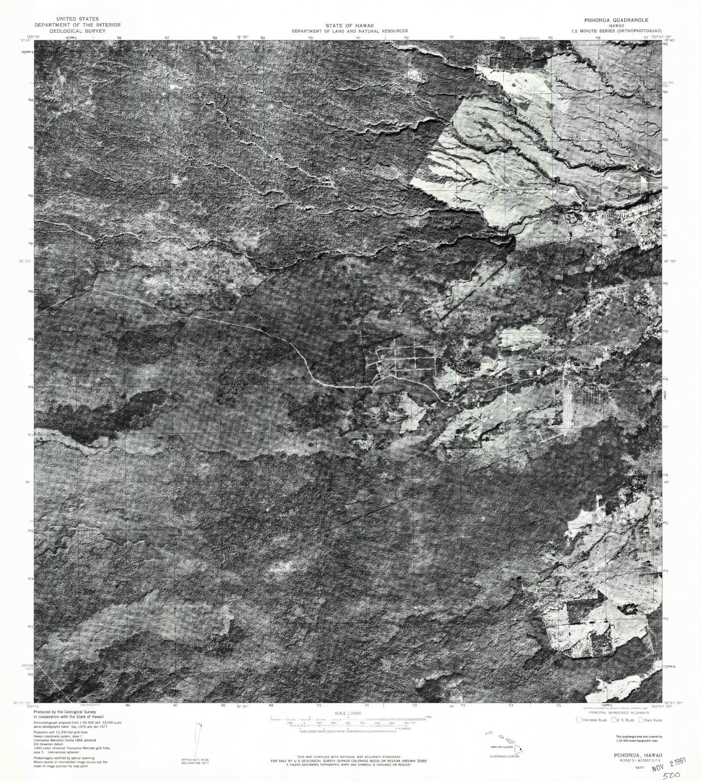Classic USGS Piihonua Hawaii 7.5'x7.5' Topo Map Image