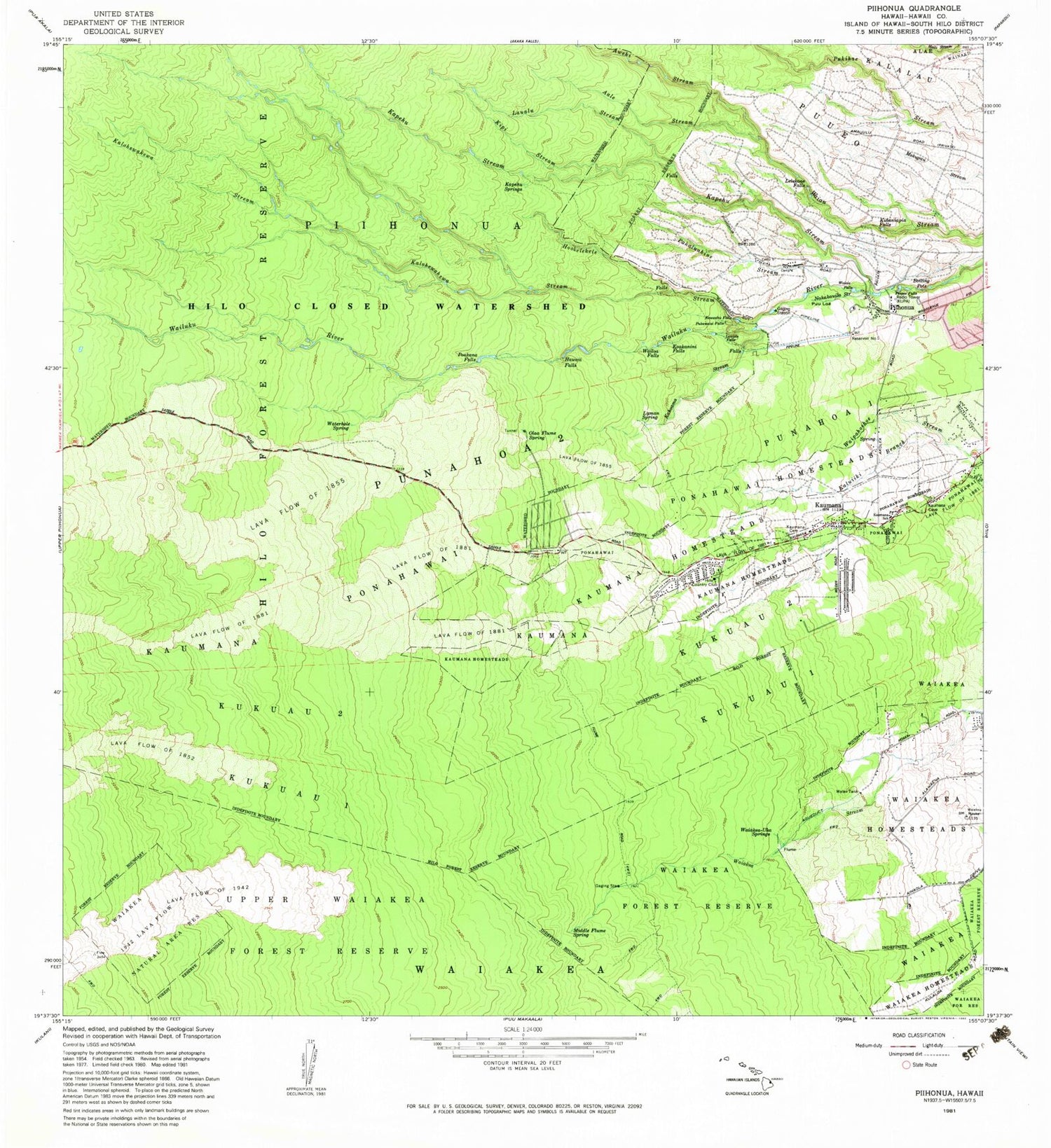 Classic USGS Piihonua Hawaii 7.5'x7.5' Topo Map Image