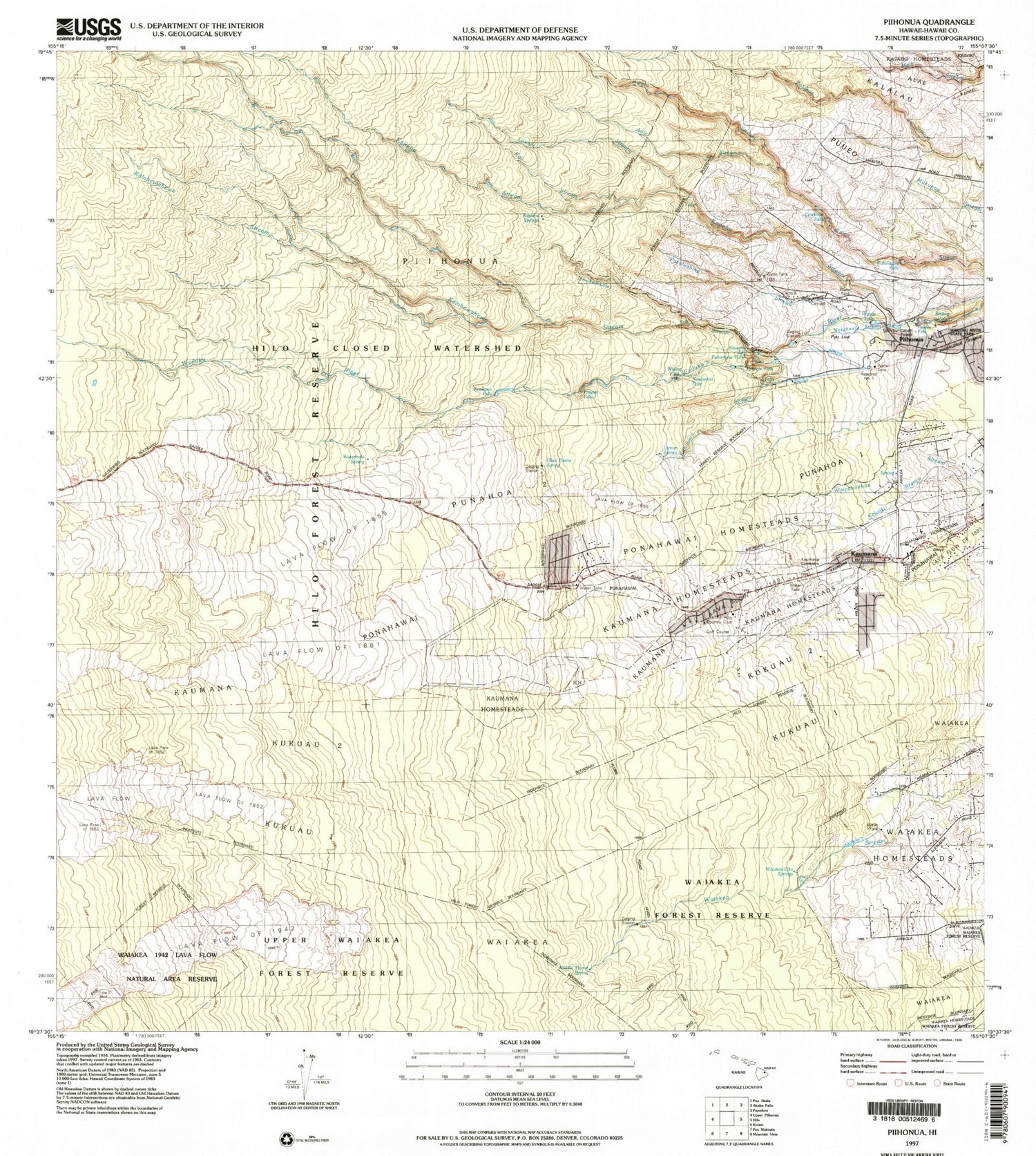 Classic USGS Piihonua Hawaii 7.5'x7.5' Topo Map Image