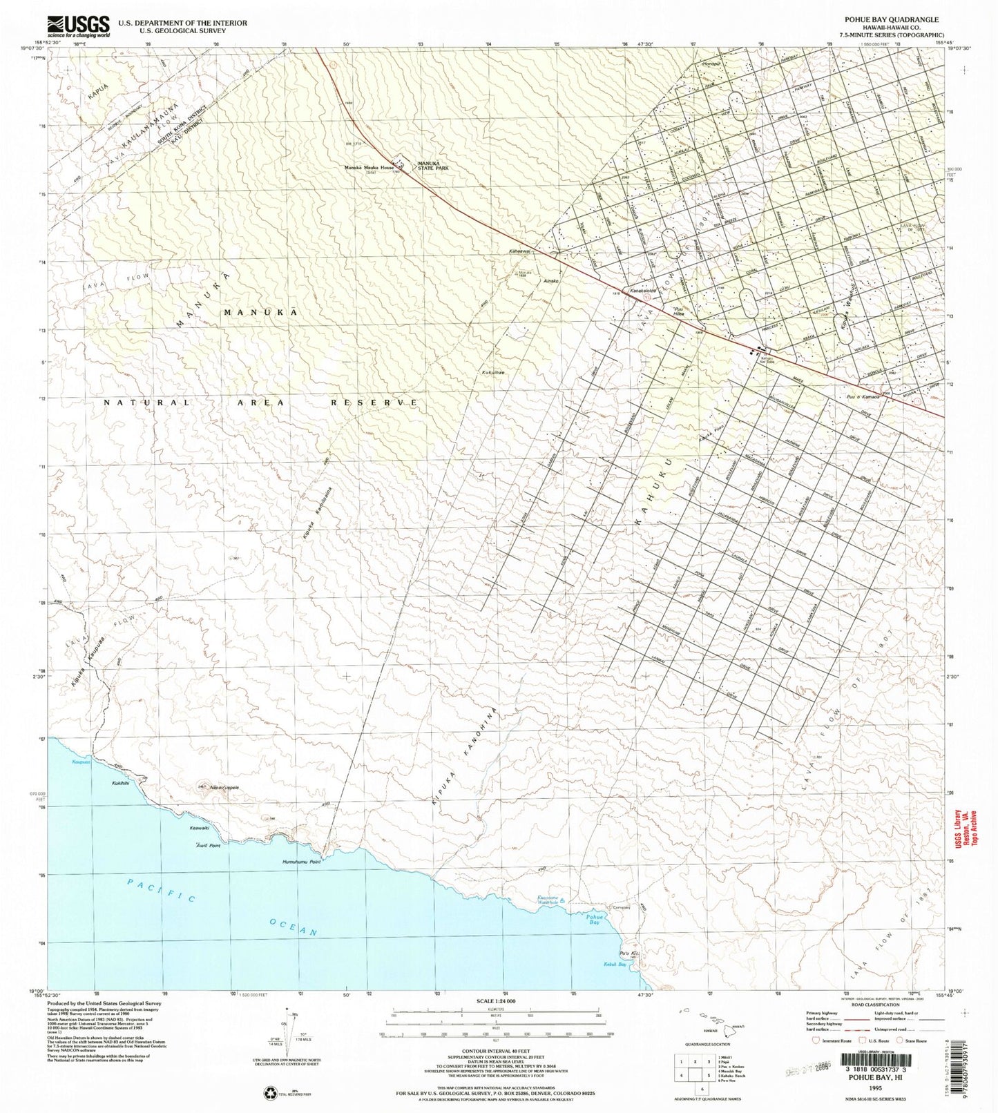 Classic USGS Pohue Bay Hawaii 7.5'x7.5' Topo Map Image