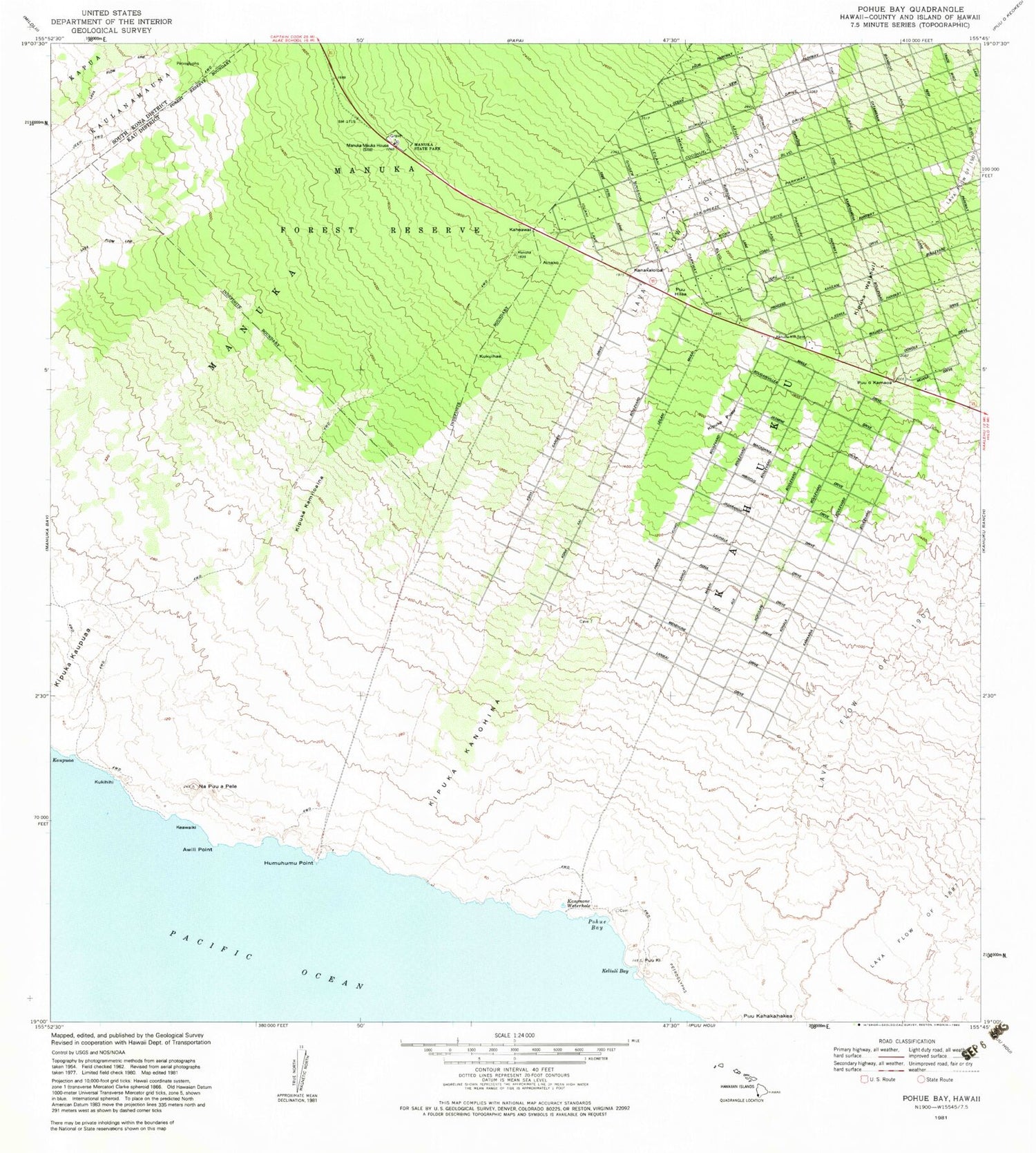 Classic USGS Pohue Bay Hawaii 7.5'x7.5' Topo Map Image