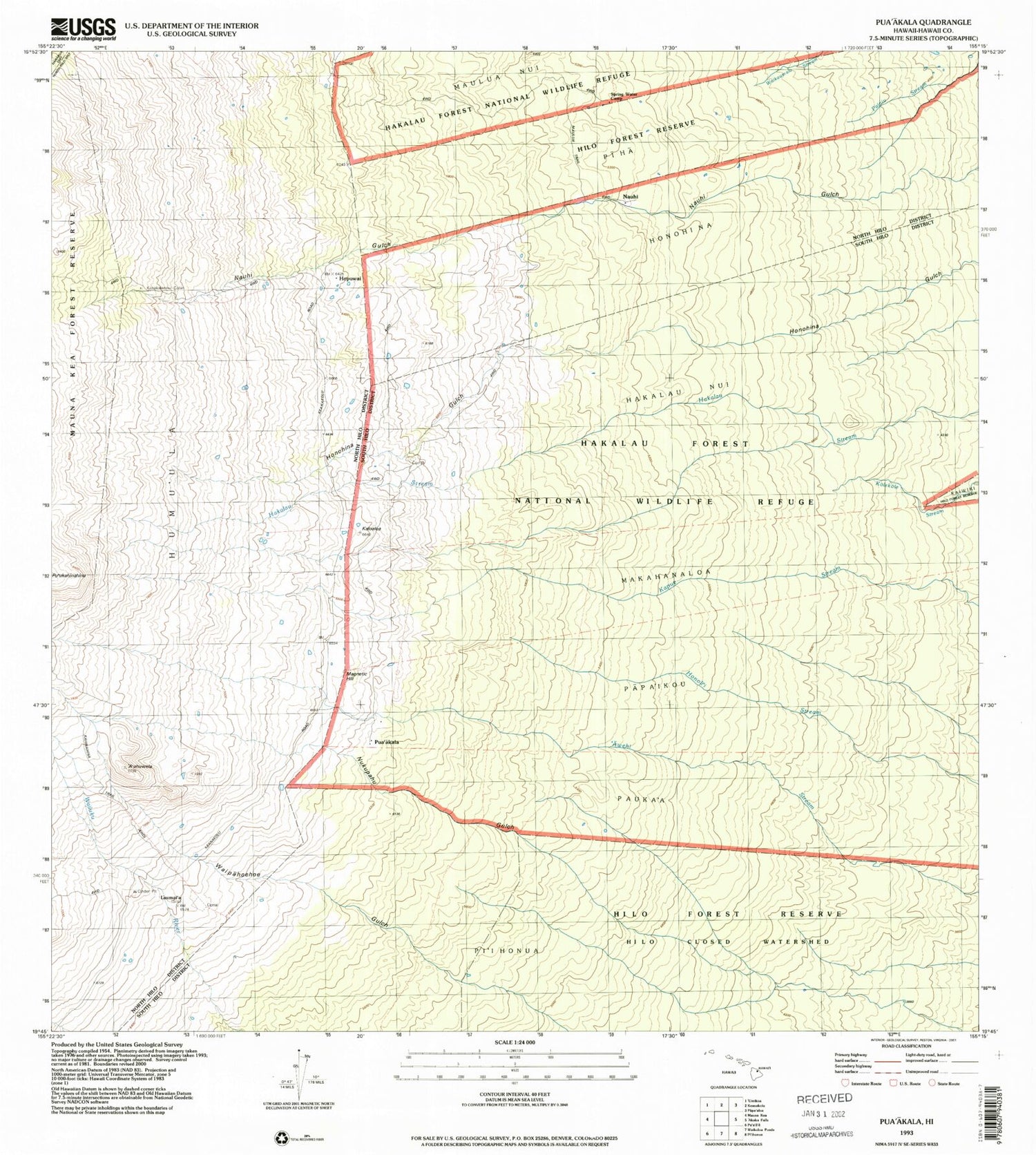 Classic USGS Puaakala Hawaii 7.5'x7.5' Topo Map Image