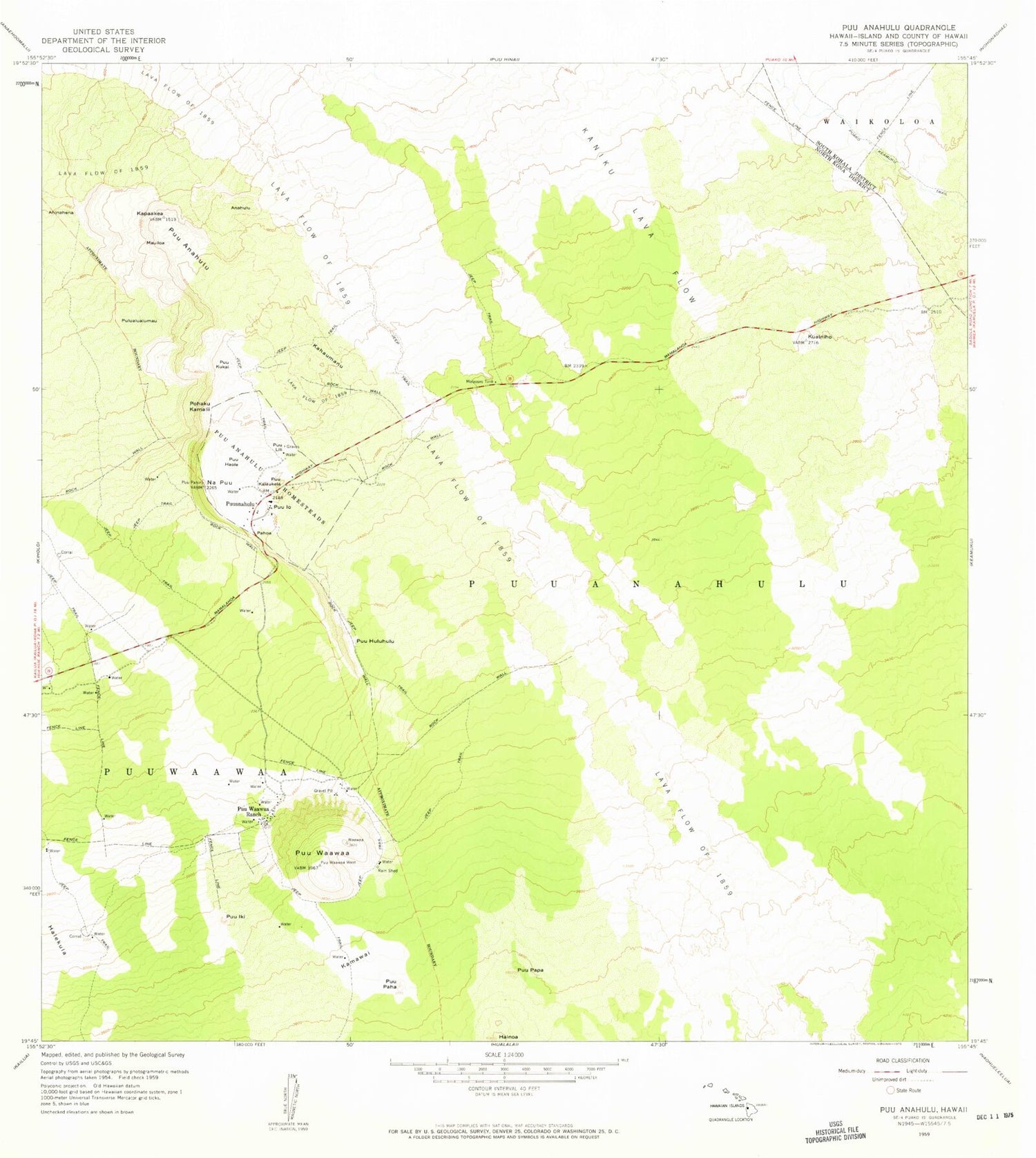 Classic USGS Puuanahulu Hawaii 7.5'x7.5' Topo Map Image