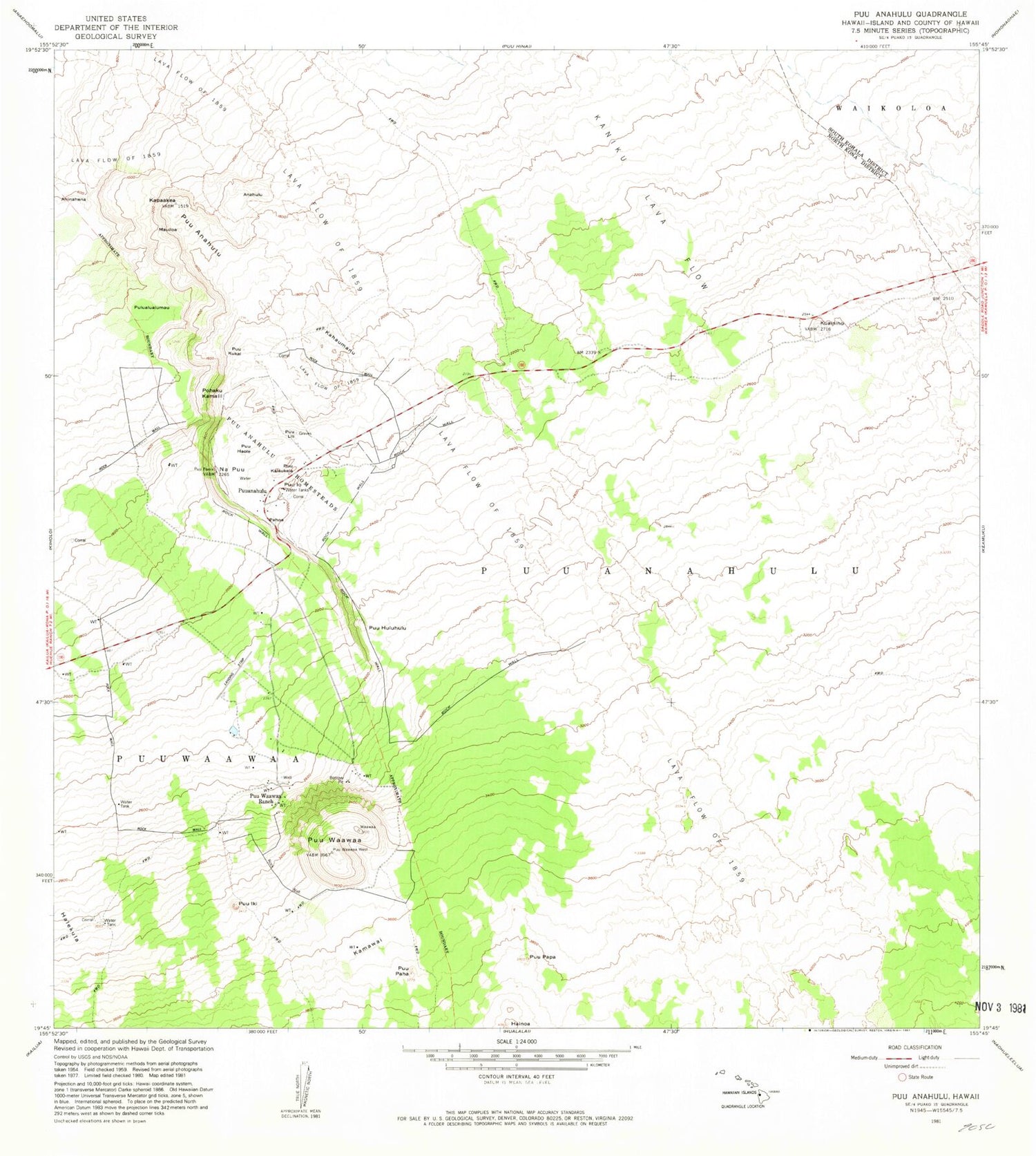 Classic USGS Puuanahulu Hawaii 7.5'x7.5' Topo Map Image