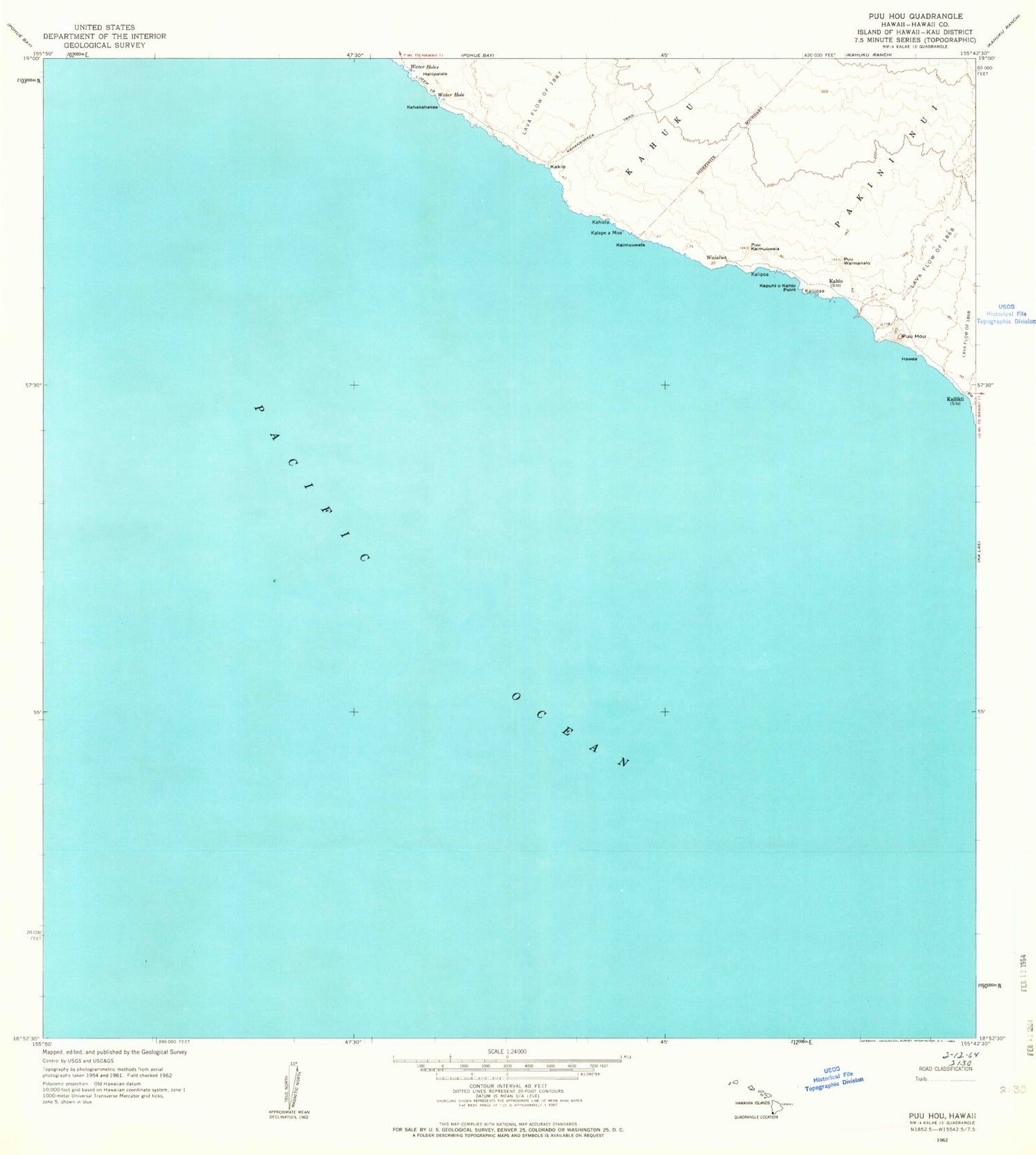 Classic USGS Puuhou Hawaii 7.5'x7.5' Topo Map Image