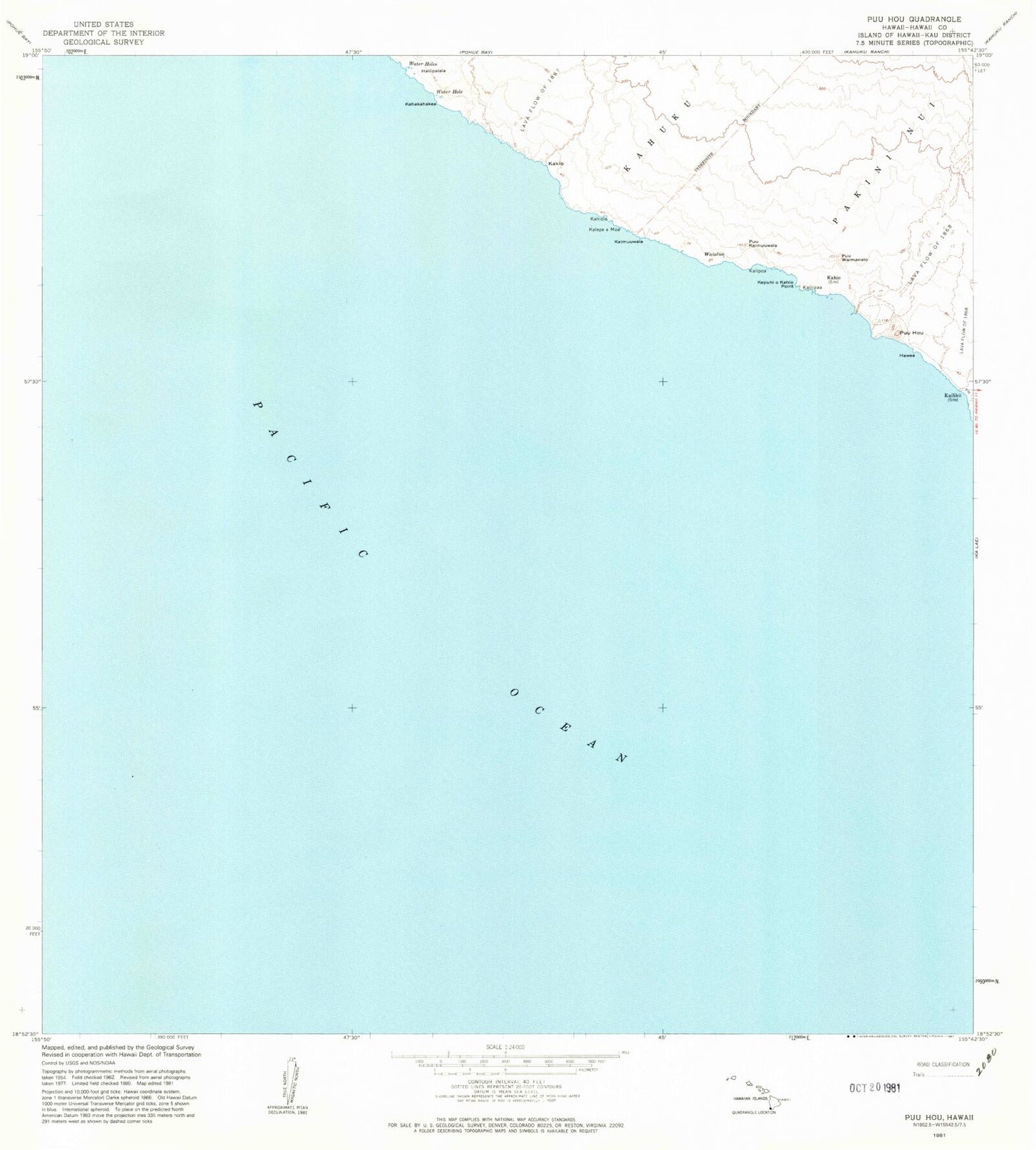 Classic USGS Puuhou Hawaii 7.5'x7.5' Topo Map Image