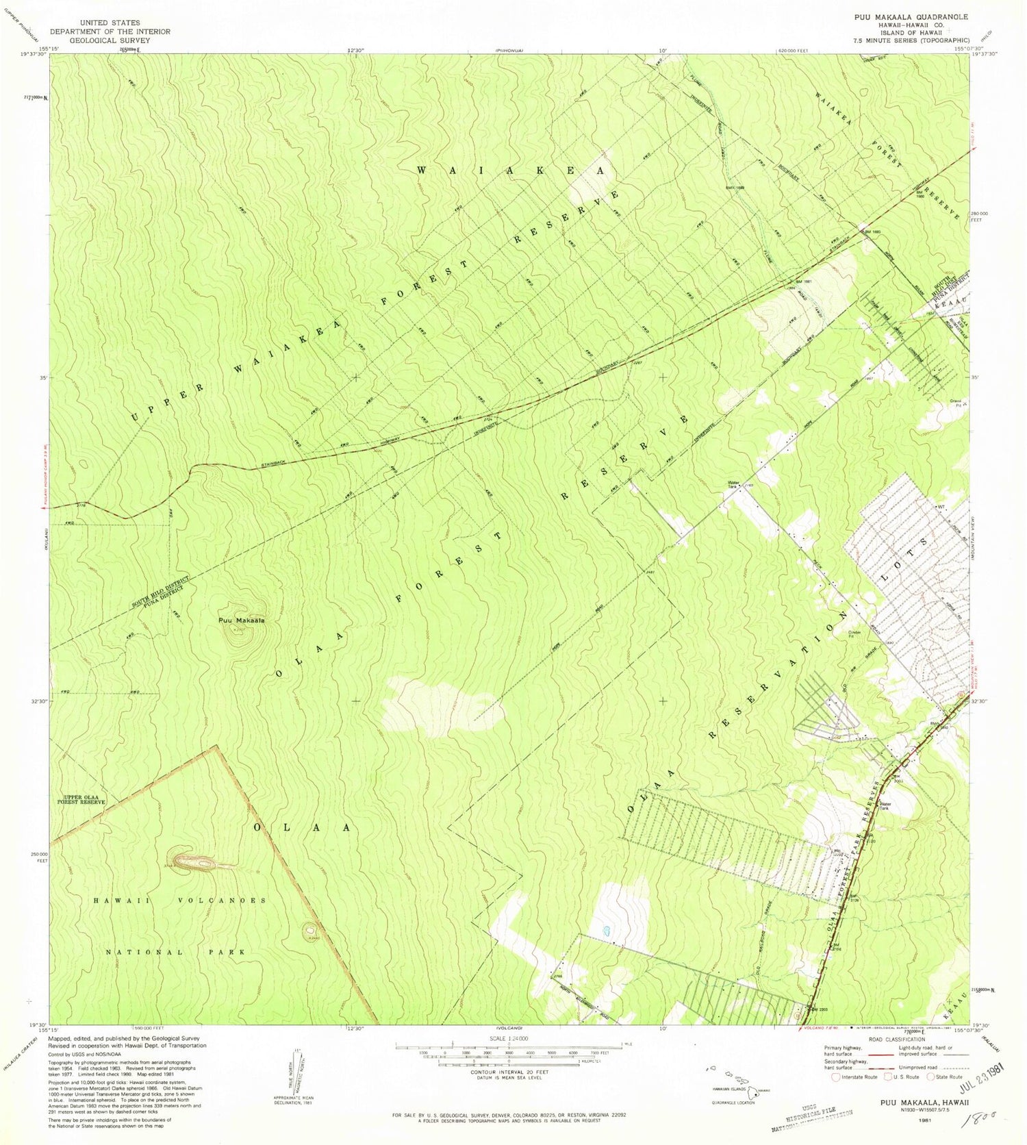 Classic USGS Puumakaala Hawaii 7.5'x7.5' Topo Map Image
