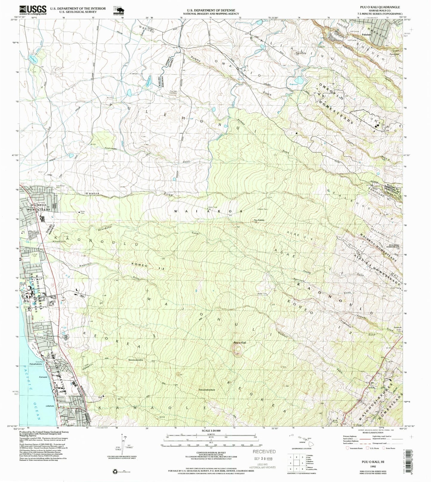 Classic USGS Puu O Kali Hawaii 7.5'x7.5' Topo Map Image