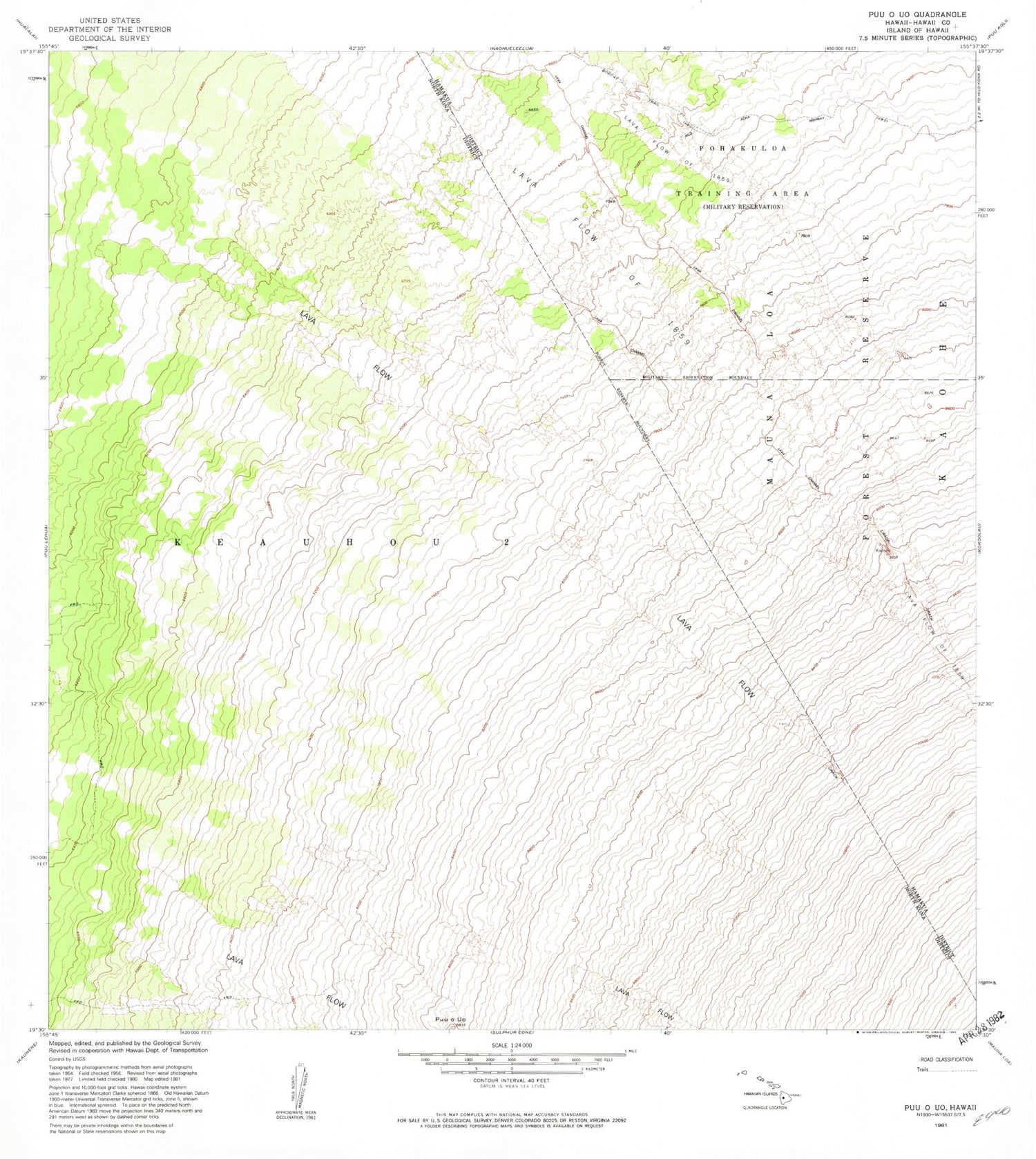 Classic USGS West of Kokoolau Hawaii 7.5'x7.5' Topo Map Image
