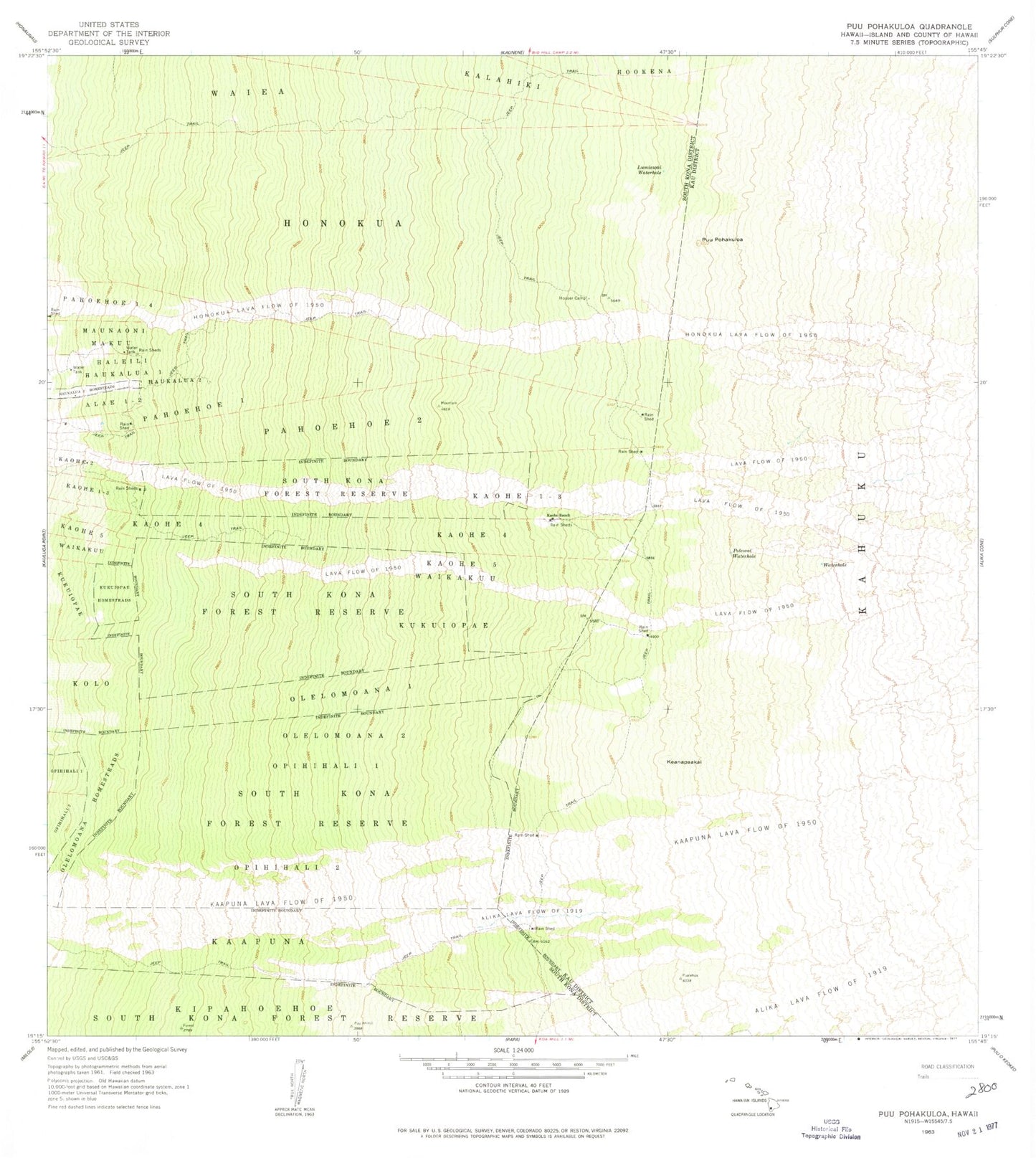 Classic USGS Puupohakuloa Hawaii 7.5'x7.5' Topo Map Image