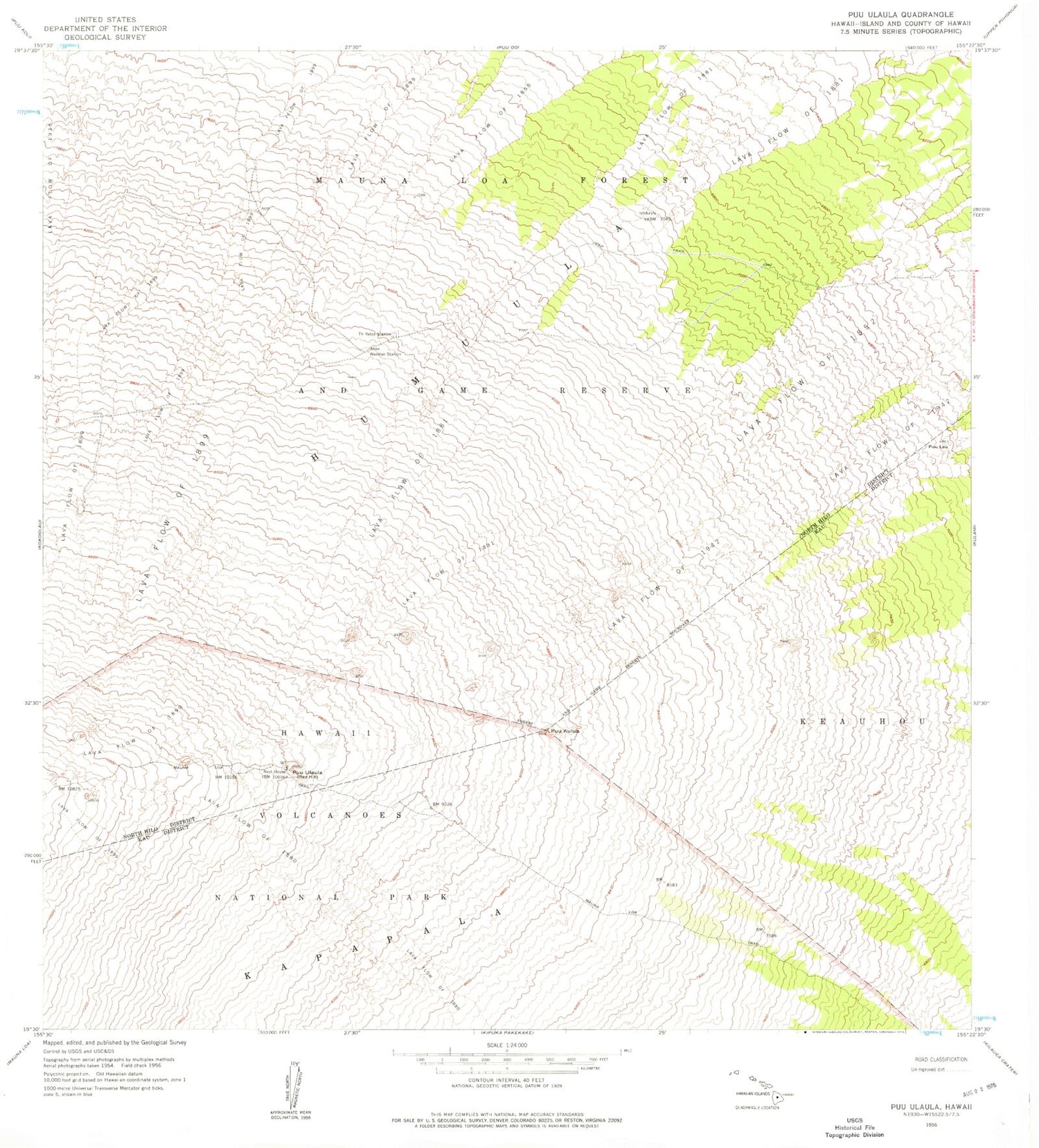 Classic USGS Puuulaula Hawaii 7.5'x7.5' Topo Map Image