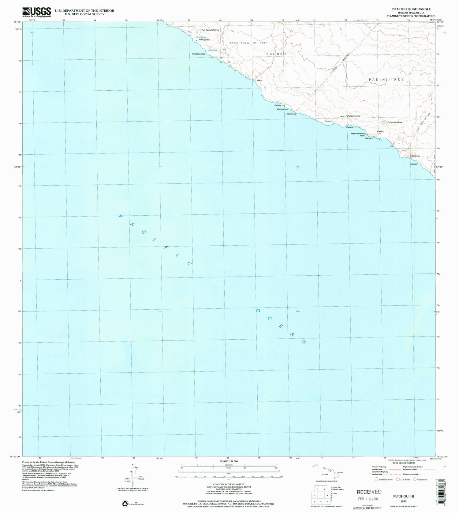 Classic USGS Puuhou Hawaii 7.5'x7.5' Topo Map Image