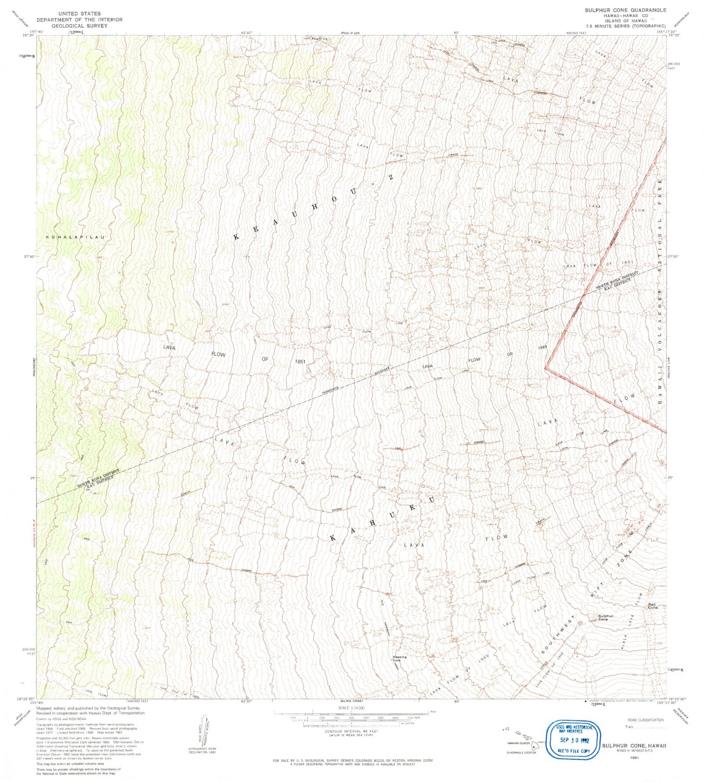 Classic USGS Sulphur Cone Hawaii 7.5'x7.5' Topo Map Image