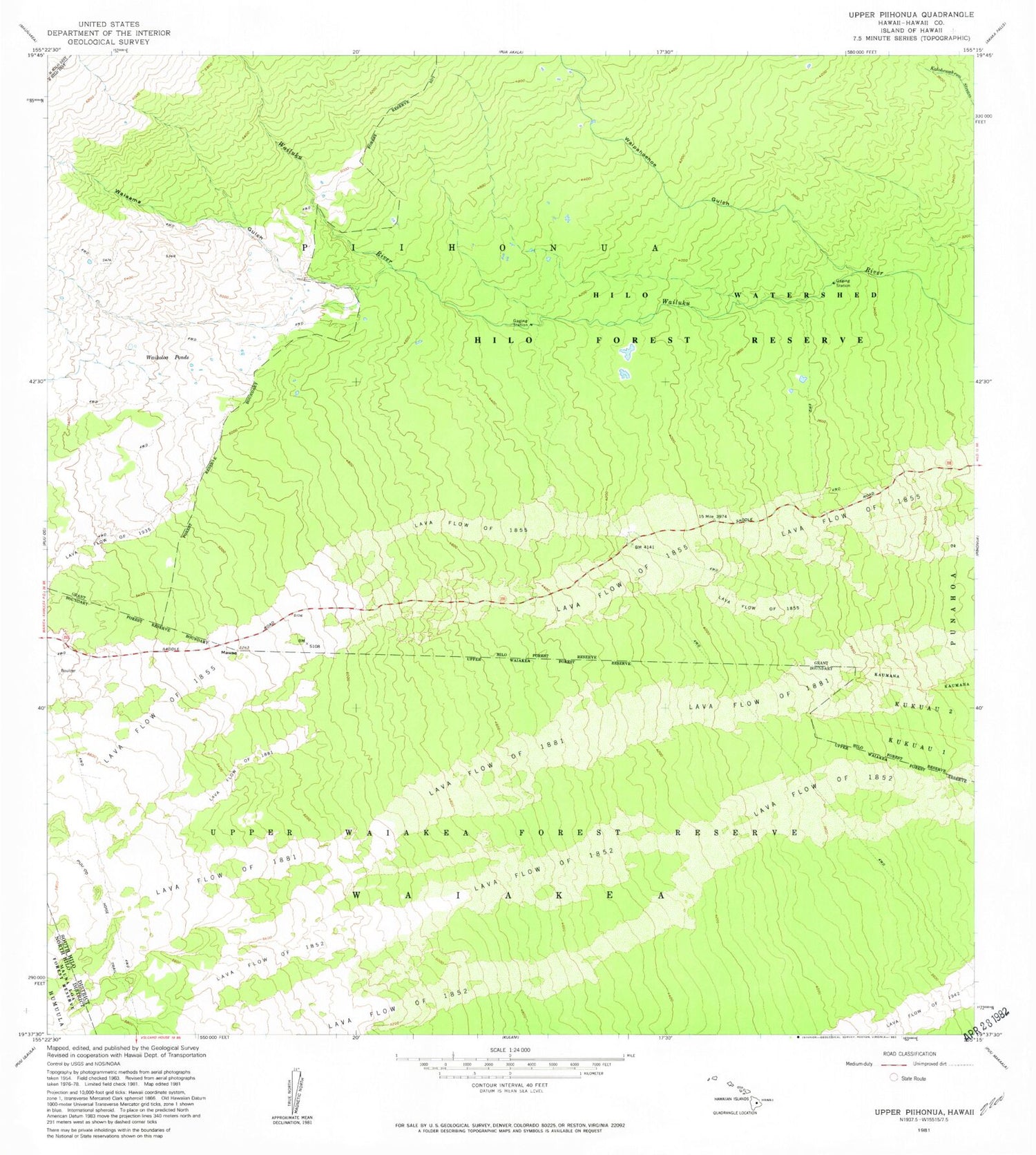 Classic USGS Waikoloa Ponds Hawaii 7.5'x7.5' Topo Map Image