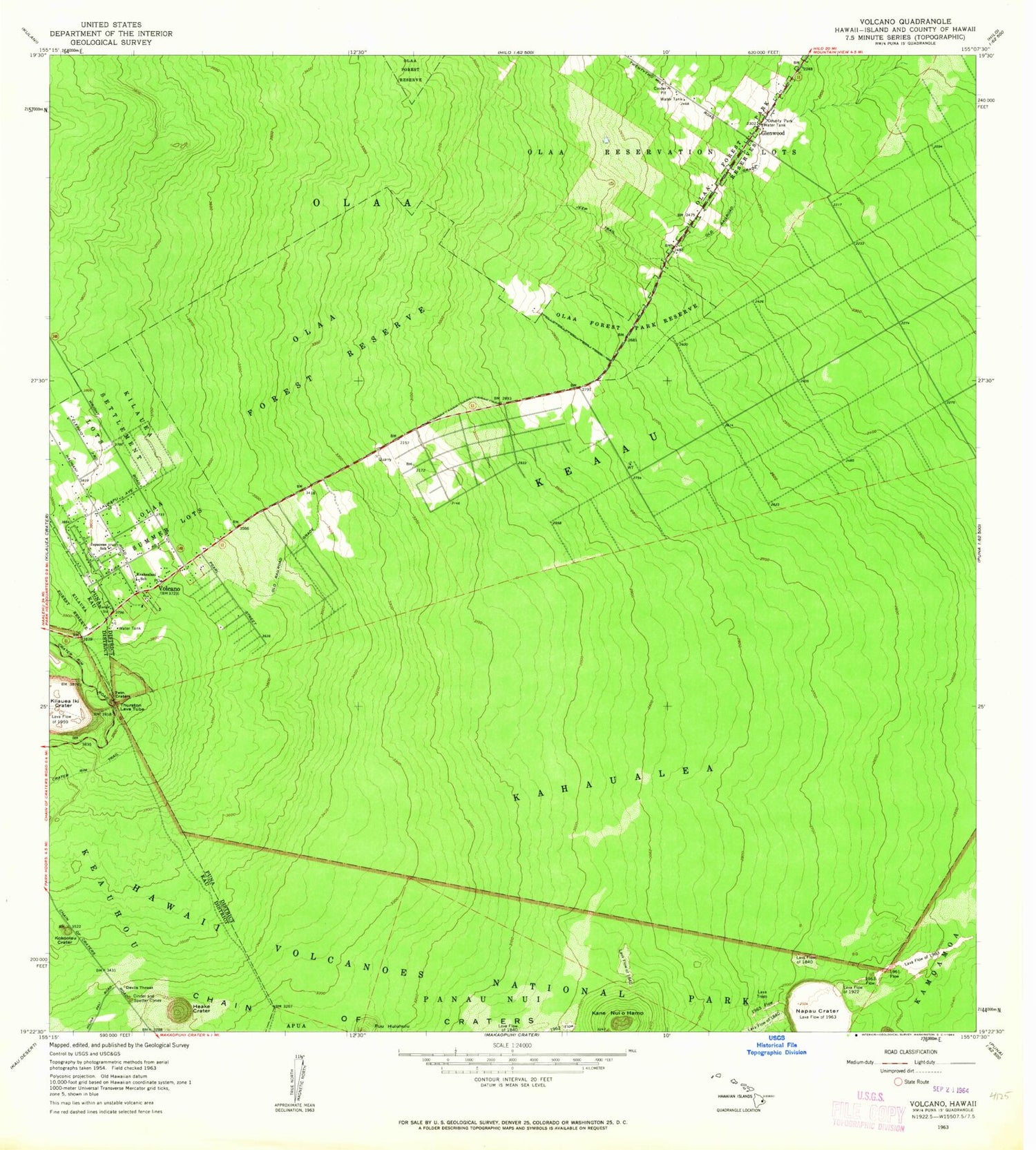 Classic USGS Volcano Hawaii 7.5'x7.5' Topo Map Image