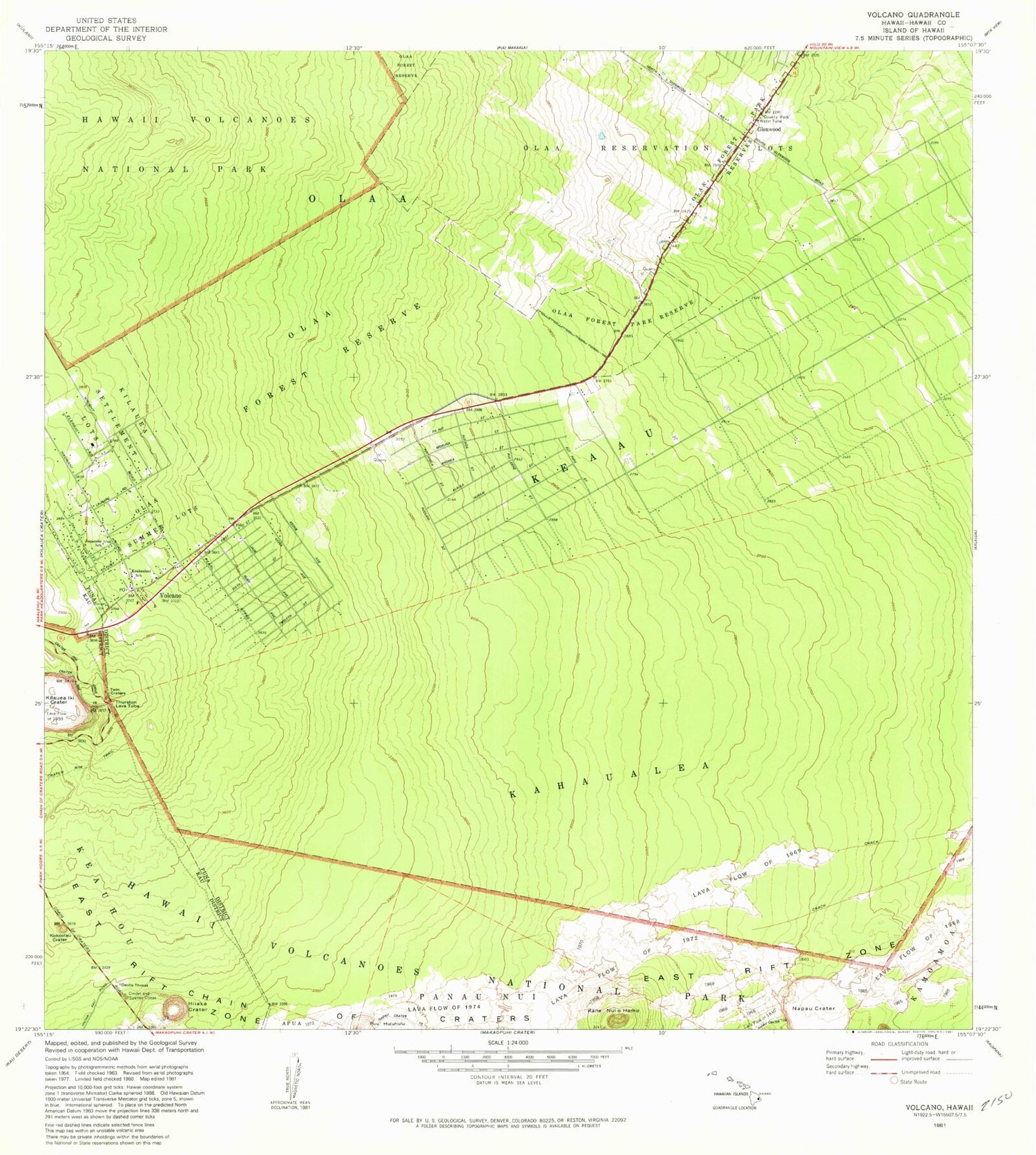 Classic USGS Volcano Hawaii 7.5'x7.5' Topo Map Image