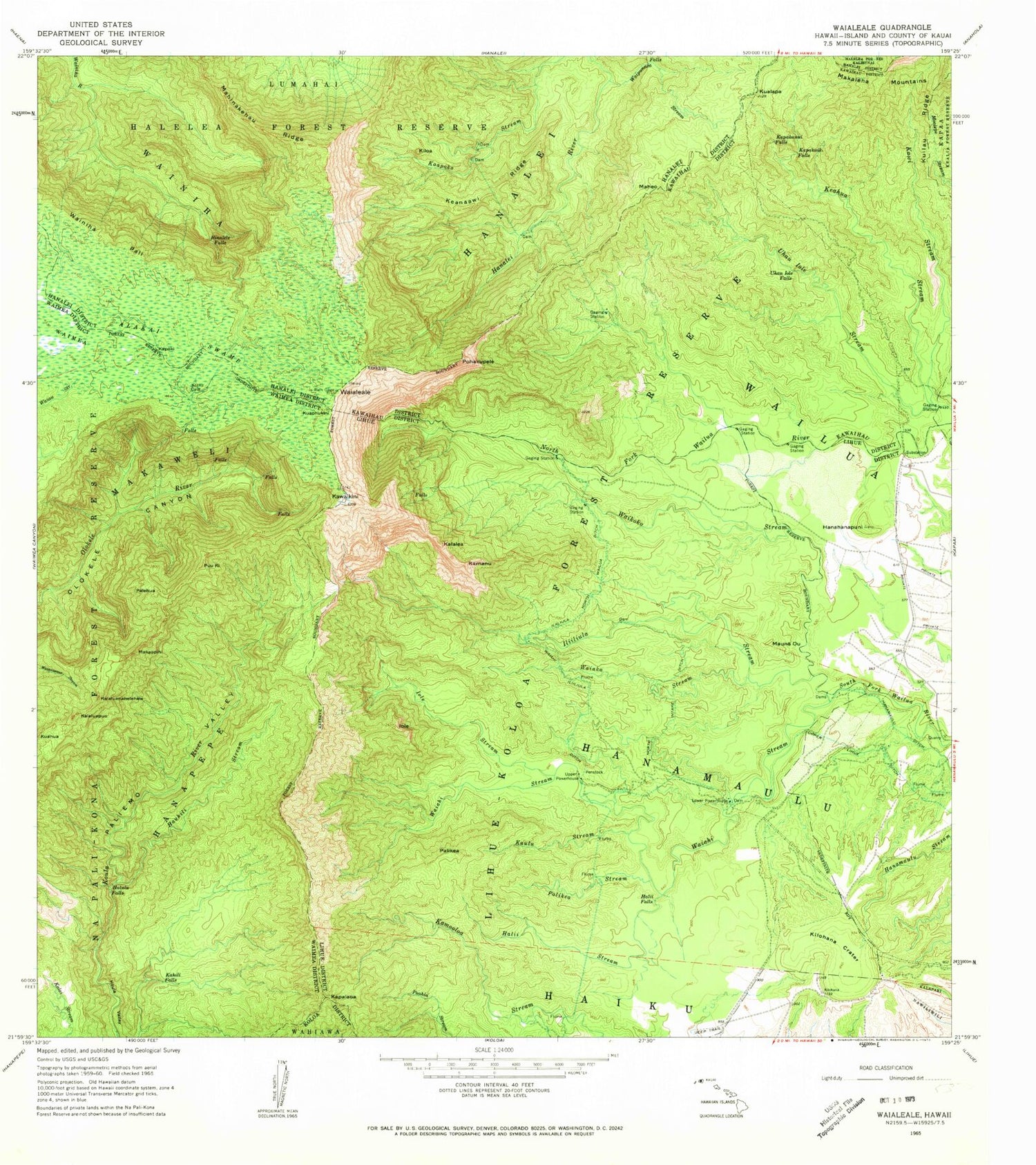 Classic USGS Waialeale Hawaii 7.5'x7.5' Topo Map Image