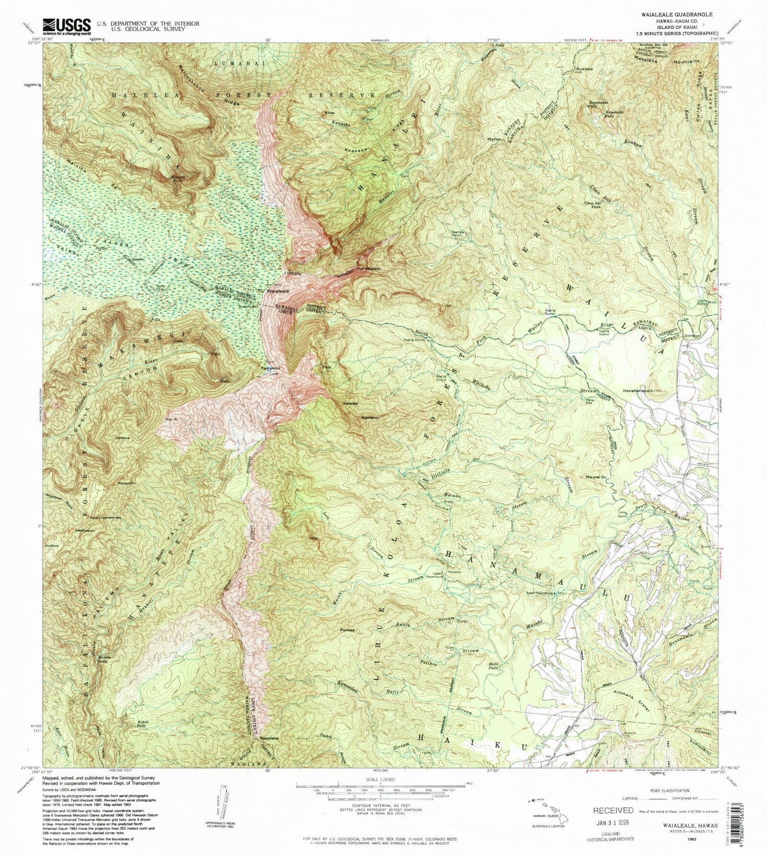Classic USGS Waialeale Hawaii 7.5'x7.5' Topo Map Image
