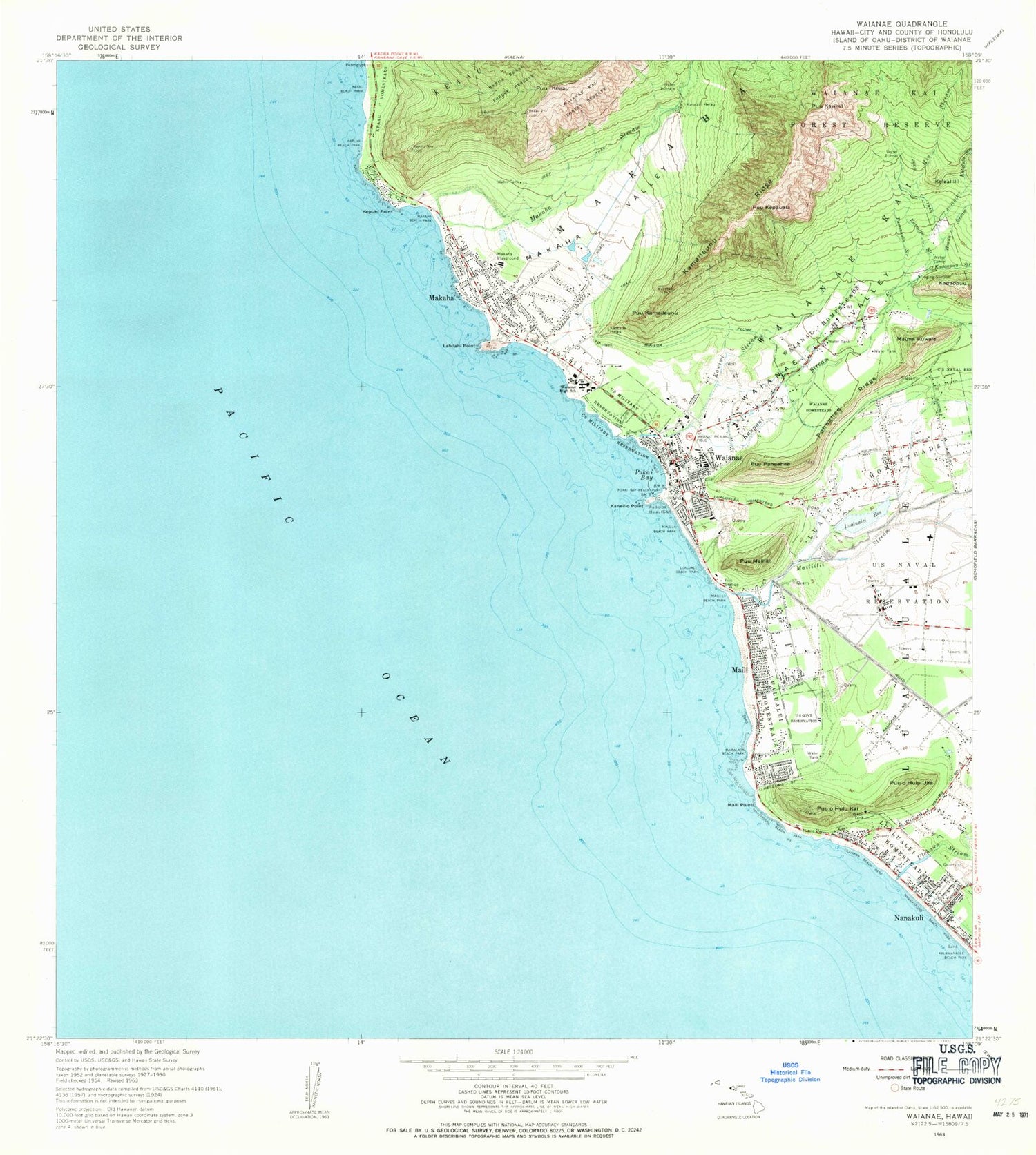 Classic USGS Waianae Hawaii 7.5'x7.5' Topo Map Image