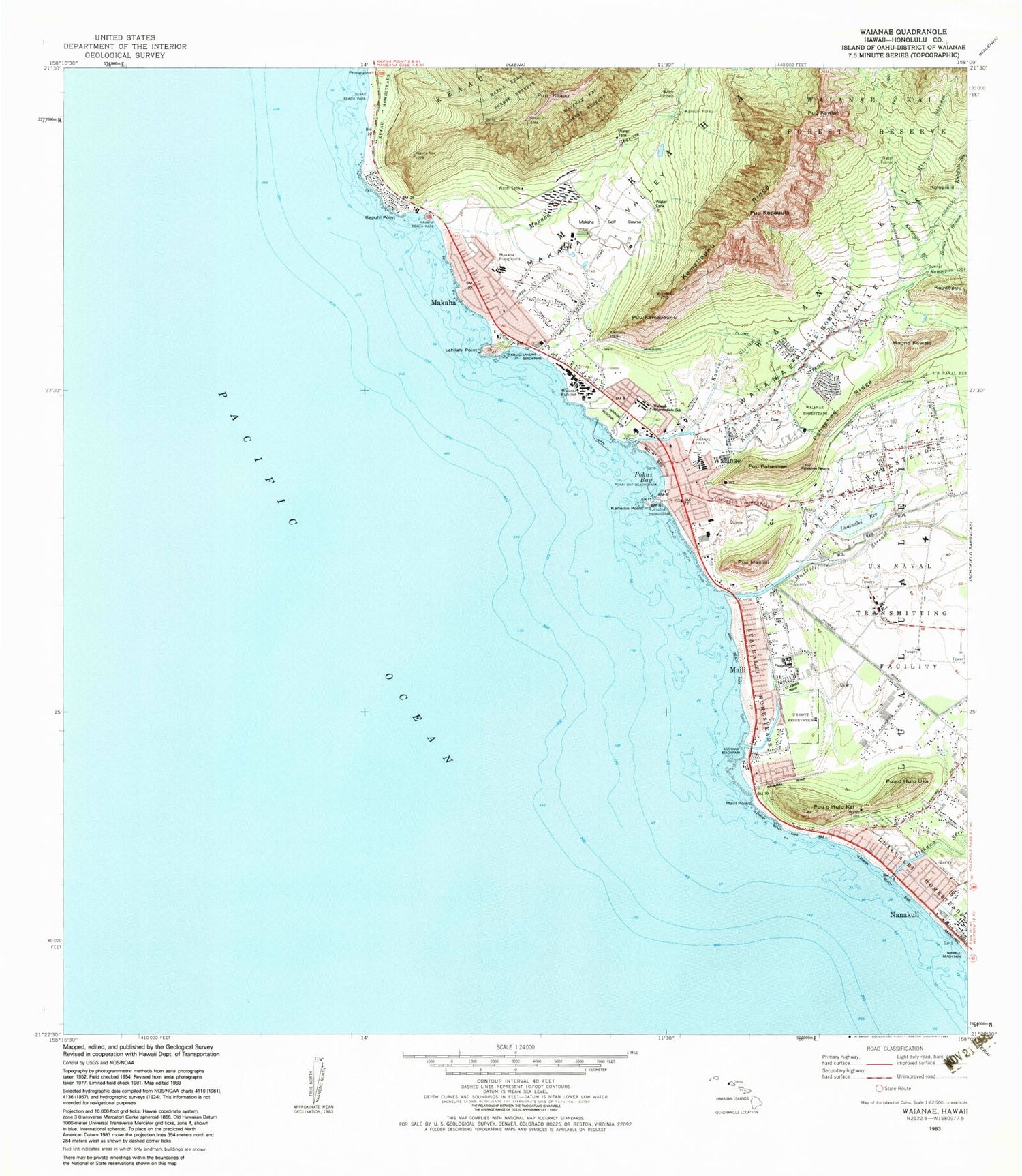 Classic USGS Waianae Hawaii 7.5'x7.5' Topo Map Image