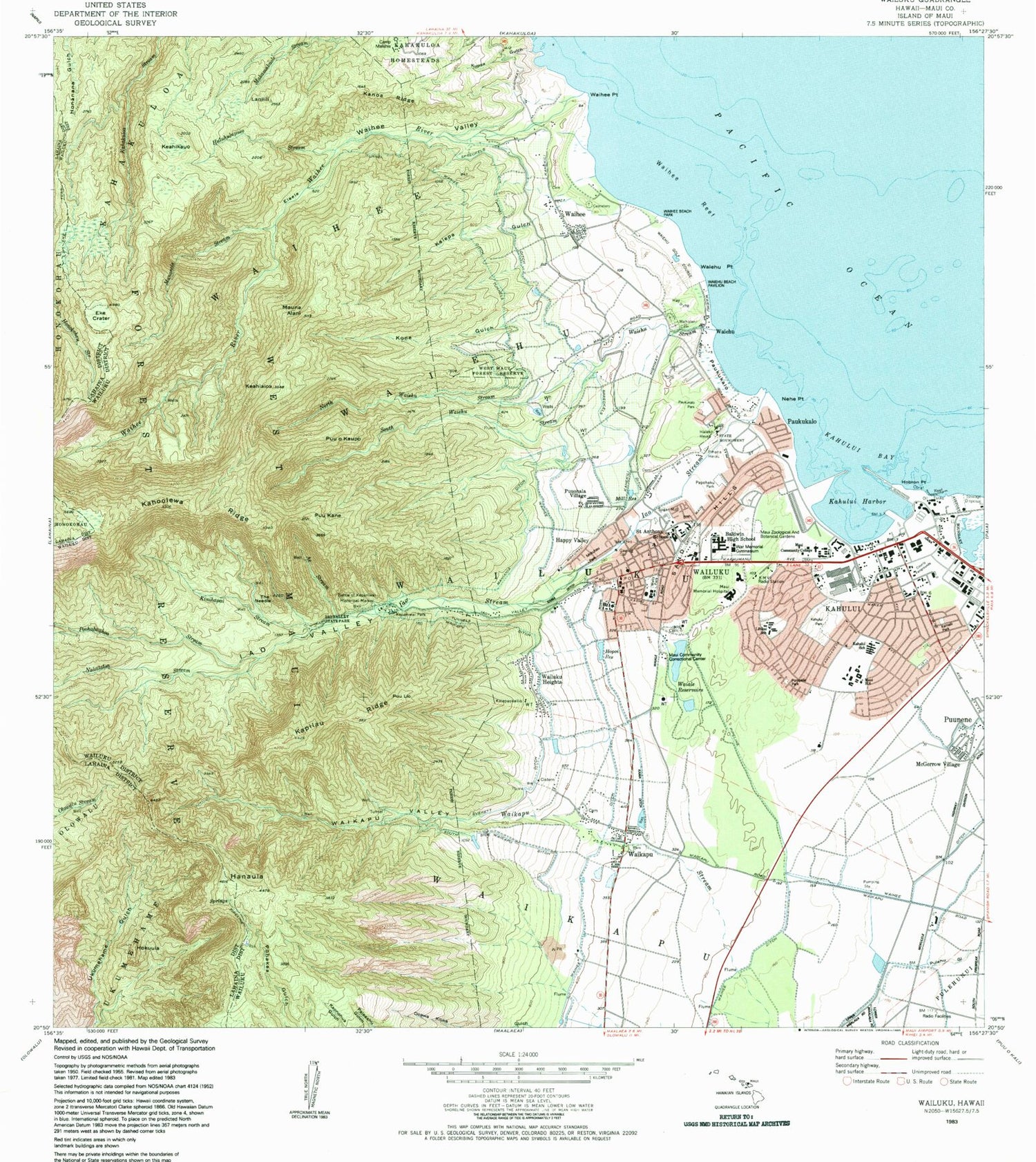 Classic USGS Wailuku Hawaii 7.5'x7.5' Topo Map Image