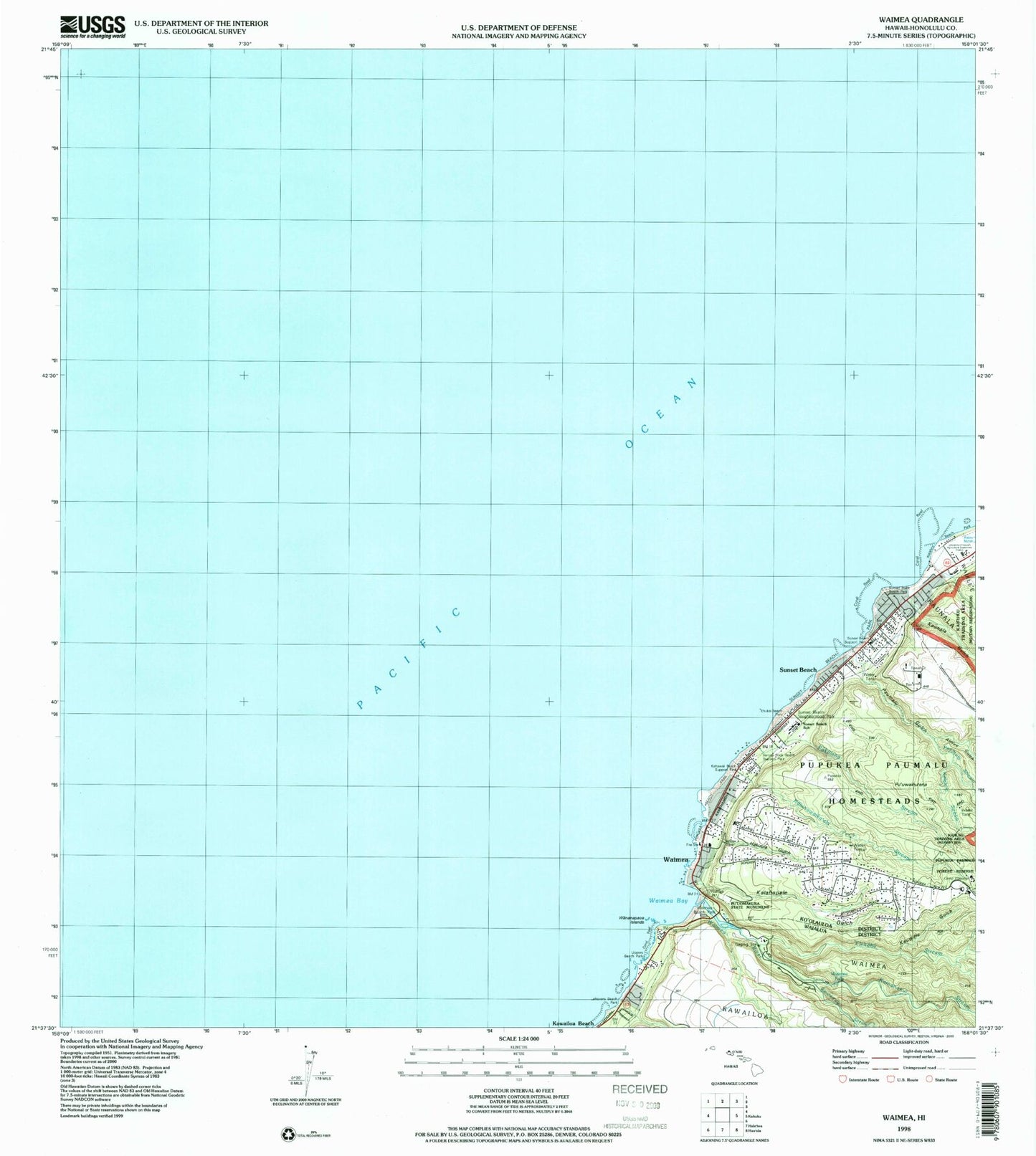 Classic USGS Waimea Hawaii 7.5'x7.5' Topo Map Image