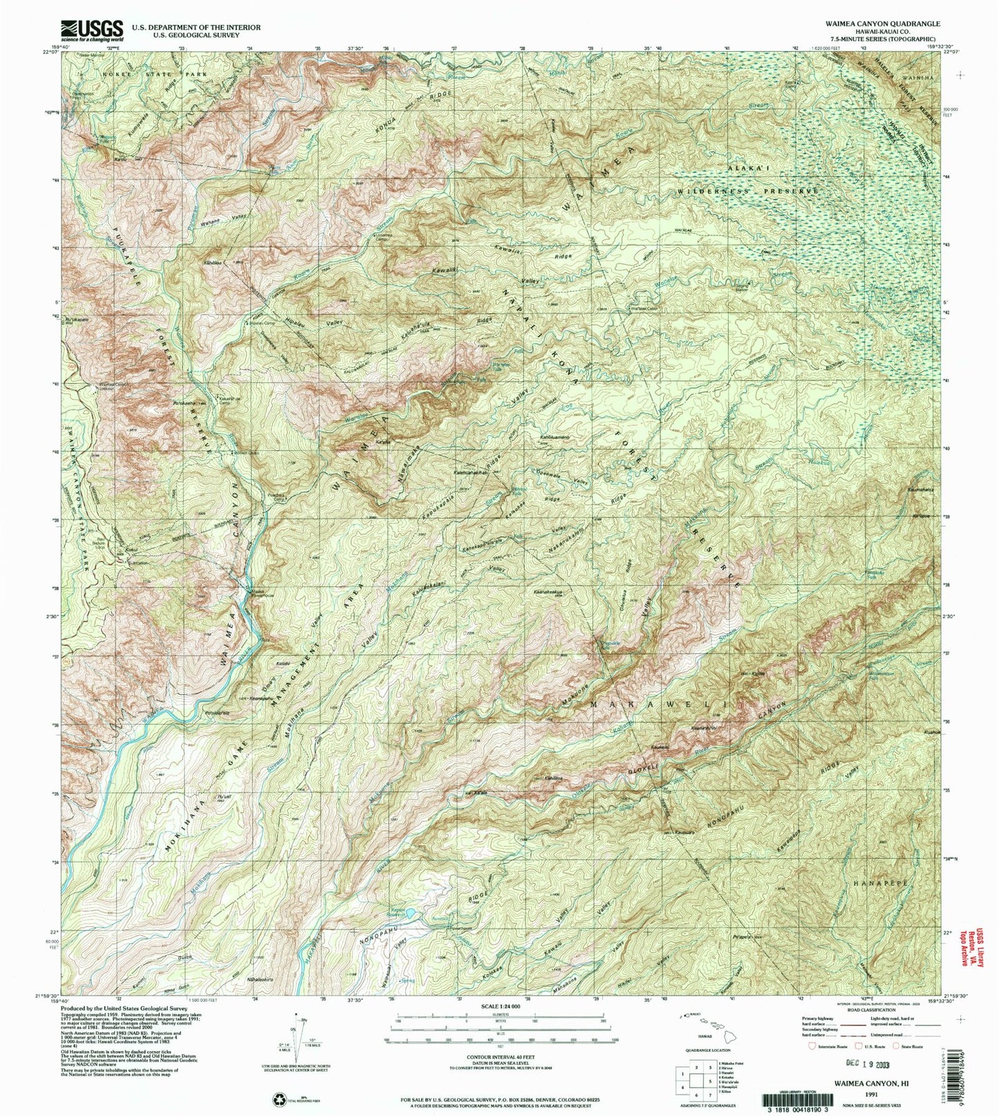Classic USGS Waimea Canyon Hawaii 7.5'x7.5' Topo Map Image