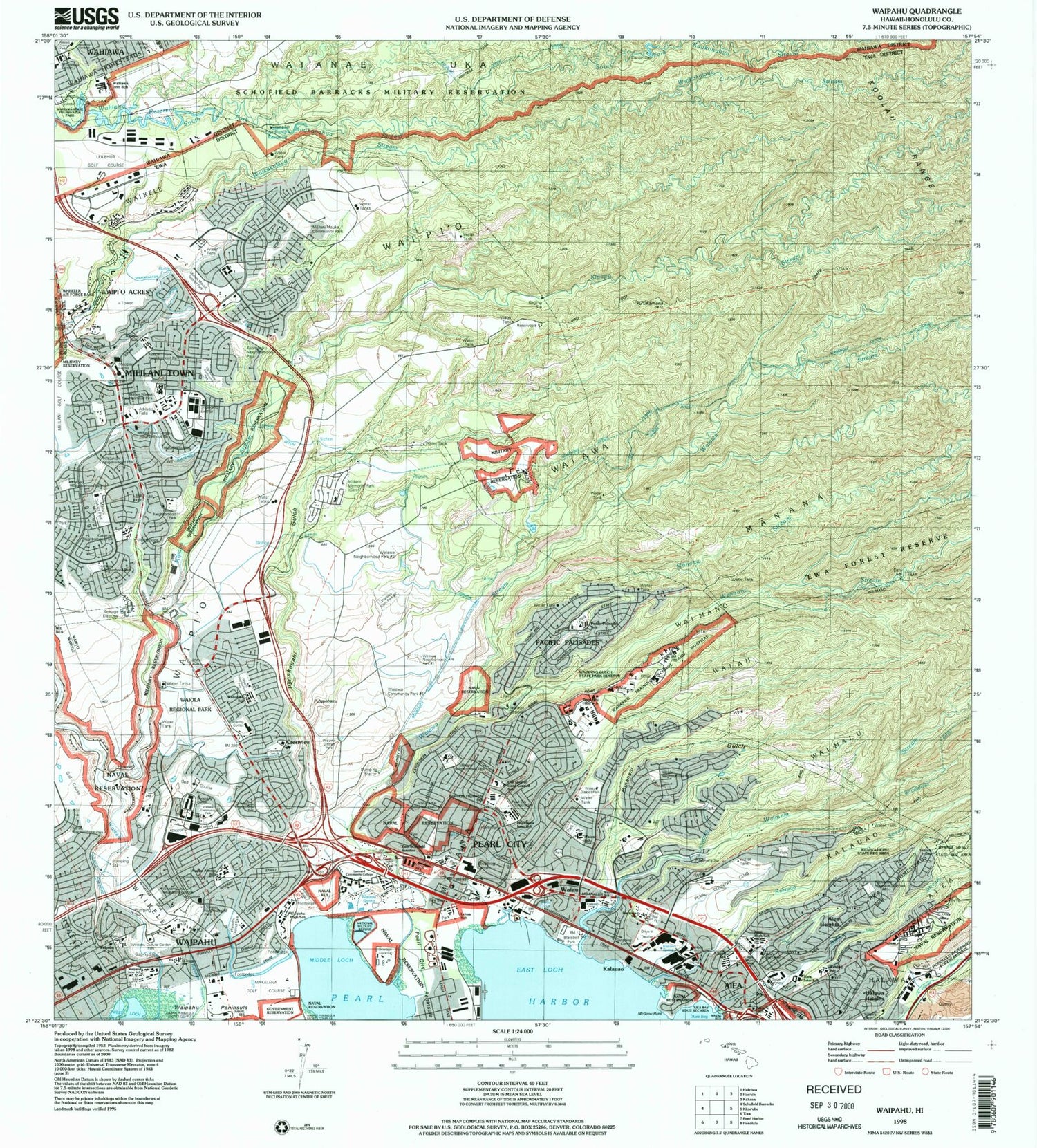 Classic USGS Waipahu Hawaii 7.5'x7.5' Topo Map Image