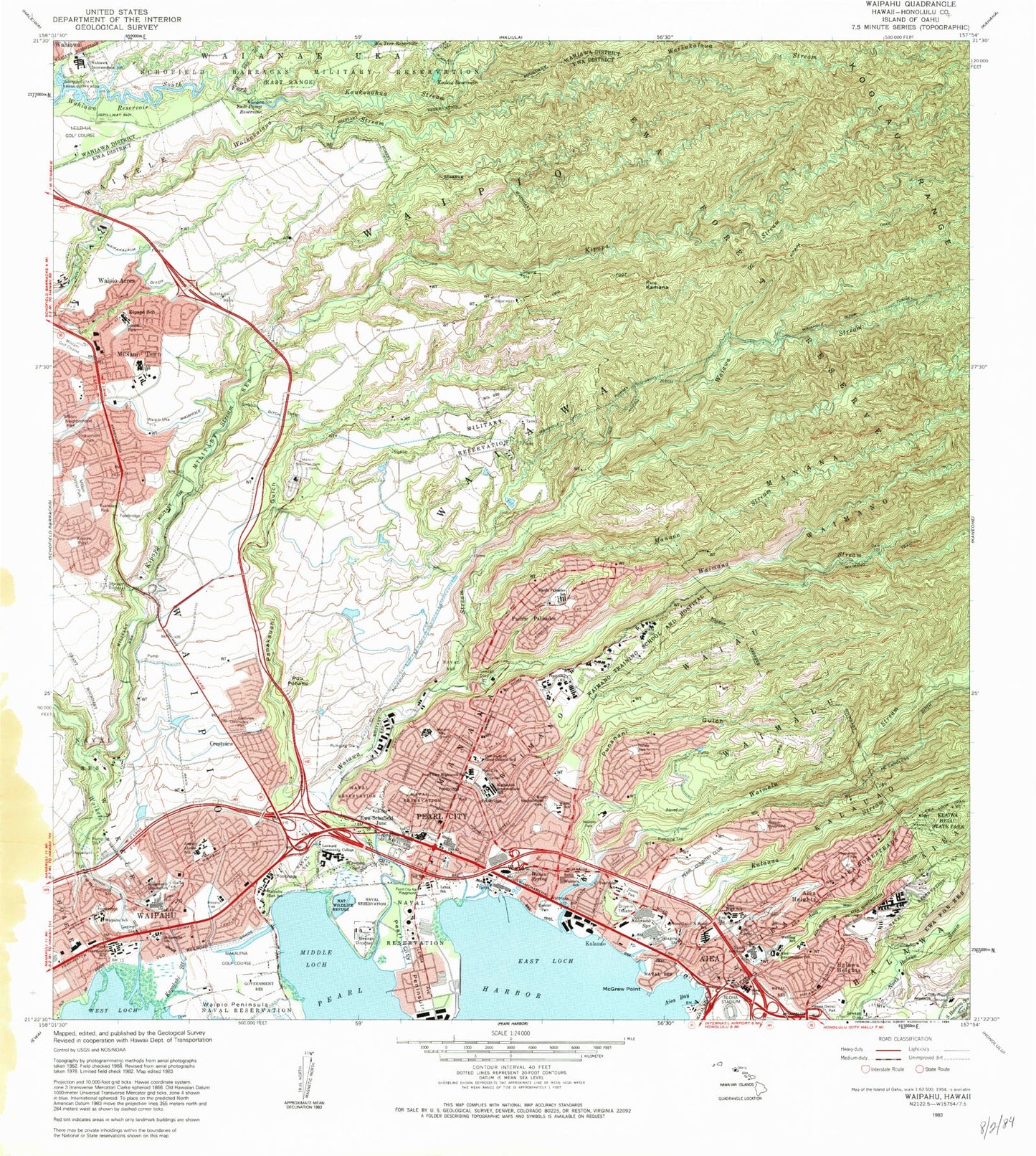 Classic USGS Waipahu Hawaii 7.5'x7.5' Topo Map Image