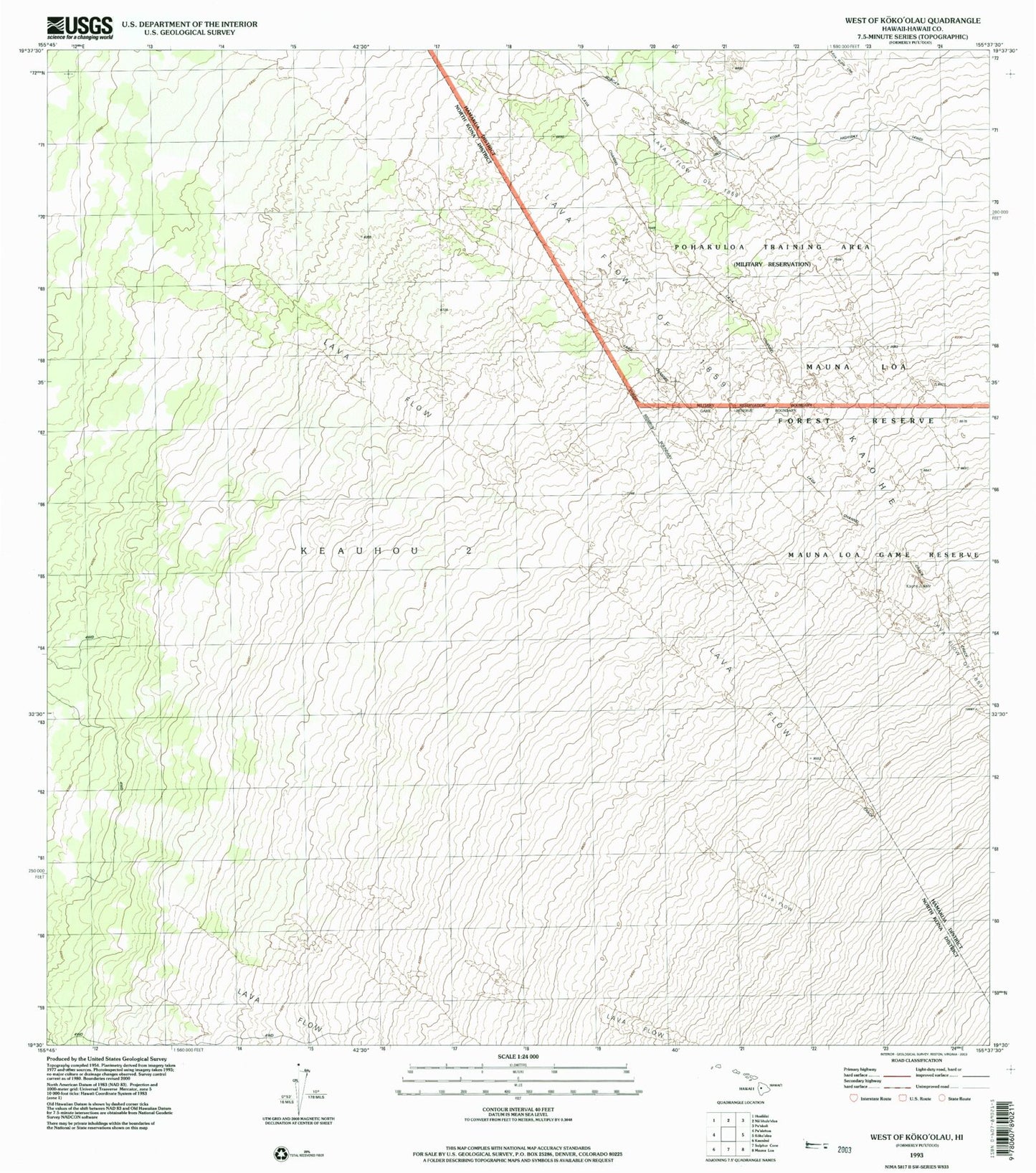Classic USGS West of Kokoolau Hawaii 7.5'x7.5' Topo Map Image