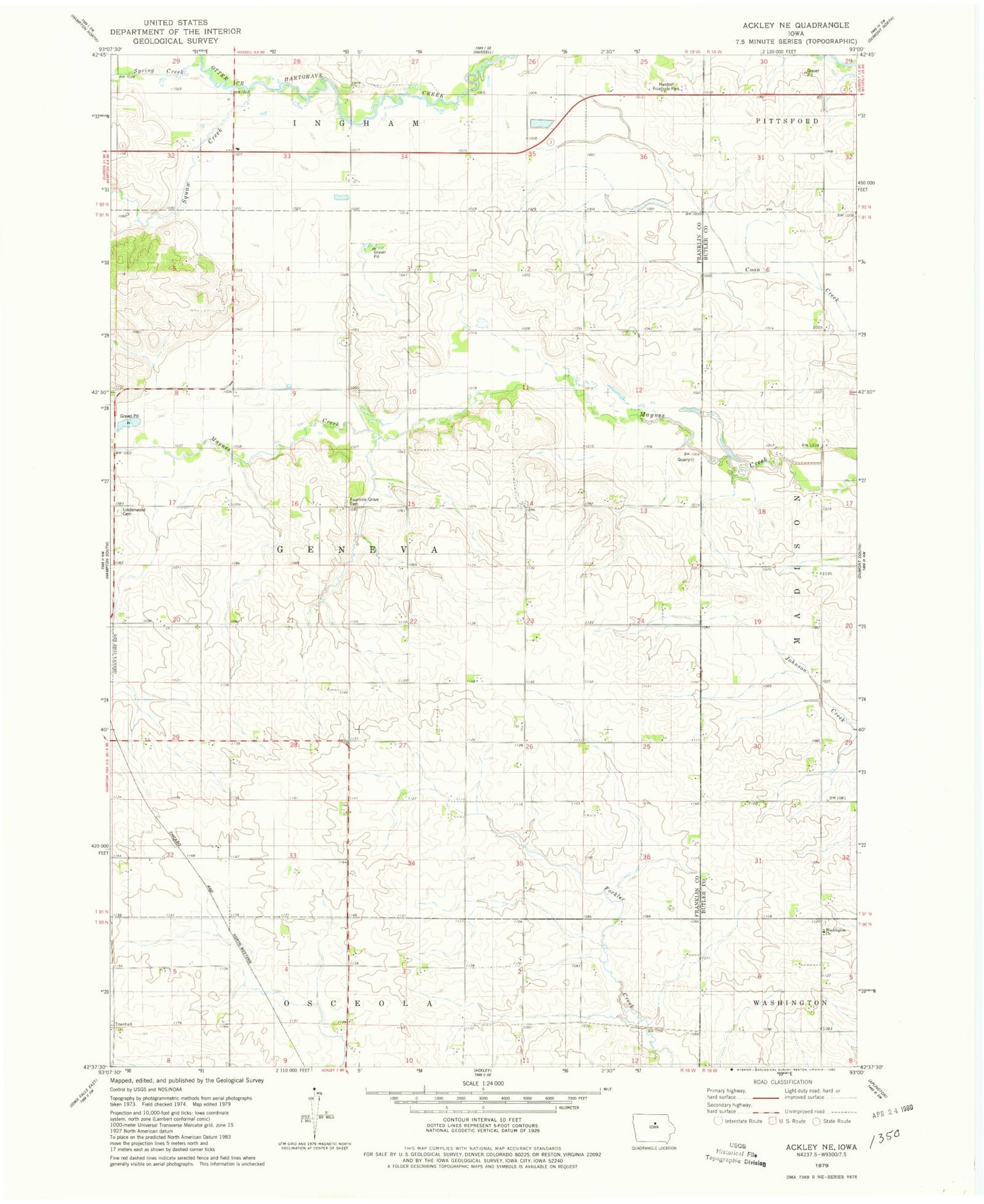 Classic USGS Ackley NE Iowa 7.5'x7.5' Topo Map Image