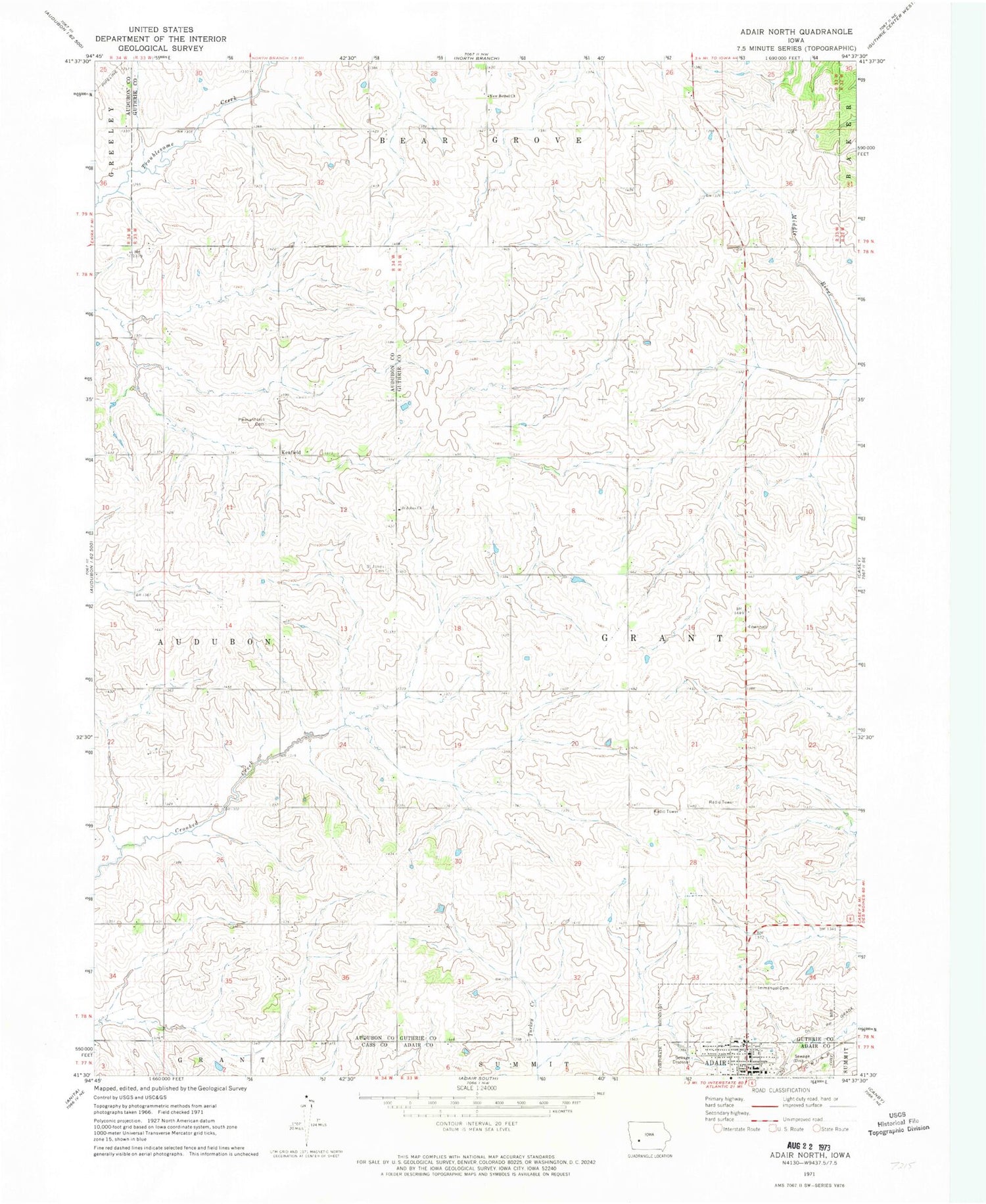 Classic USGS Adair North Iowa 7.5'x7.5' Topo Map Image