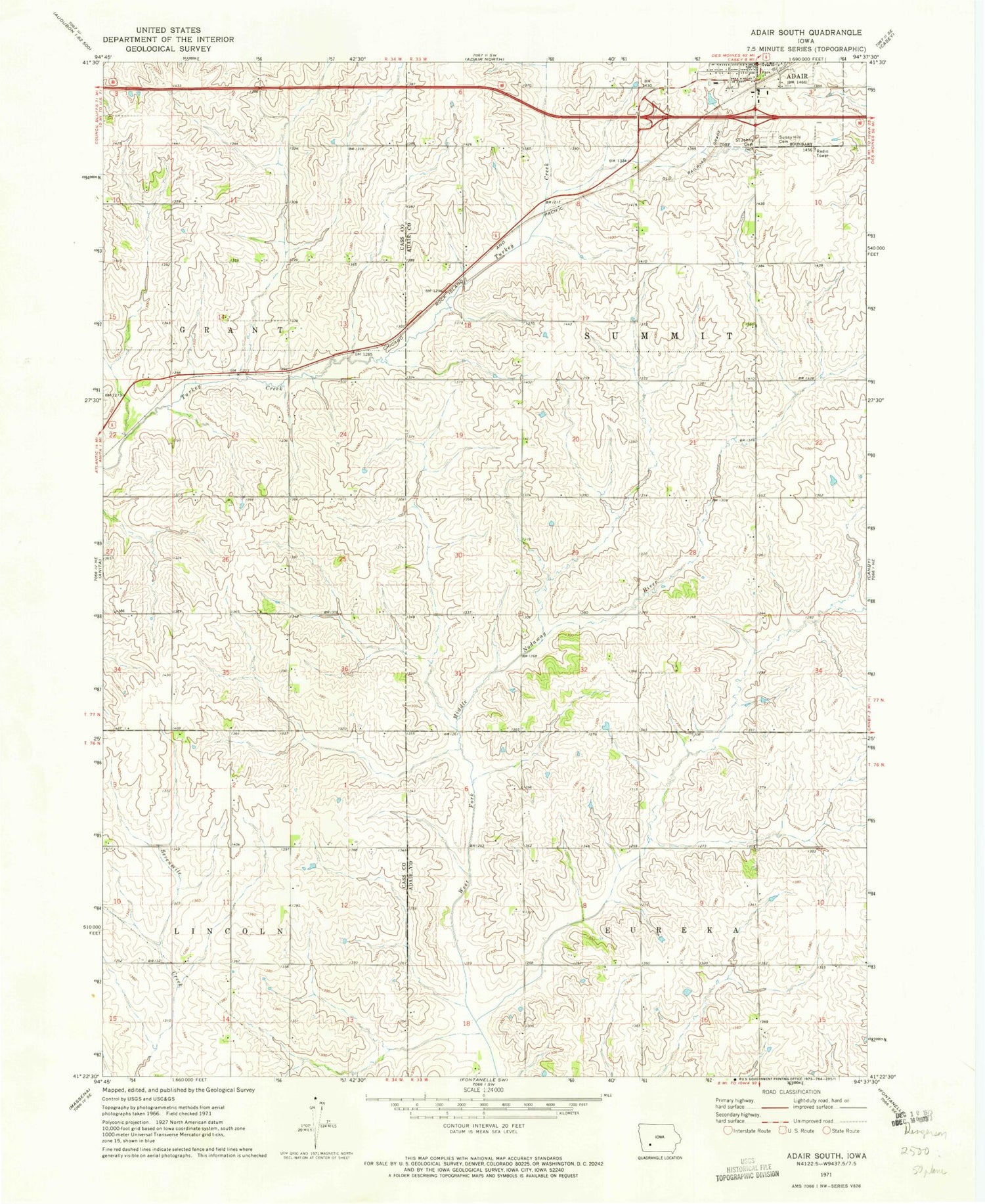 Classic USGS Adair South Iowa 7.5'x7.5' Topo Map Image