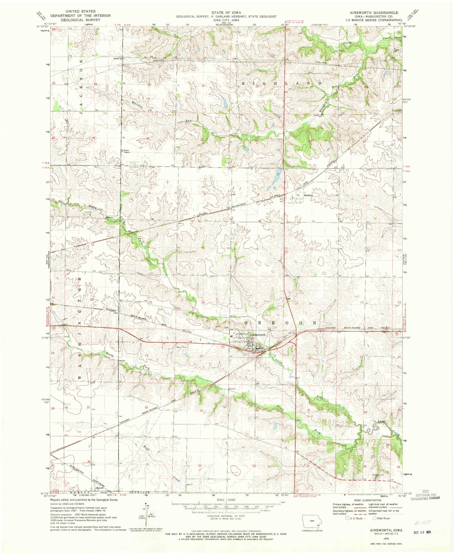 Classic USGS Ainsworth Iowa 7.5'x7.5' Topo Map Image