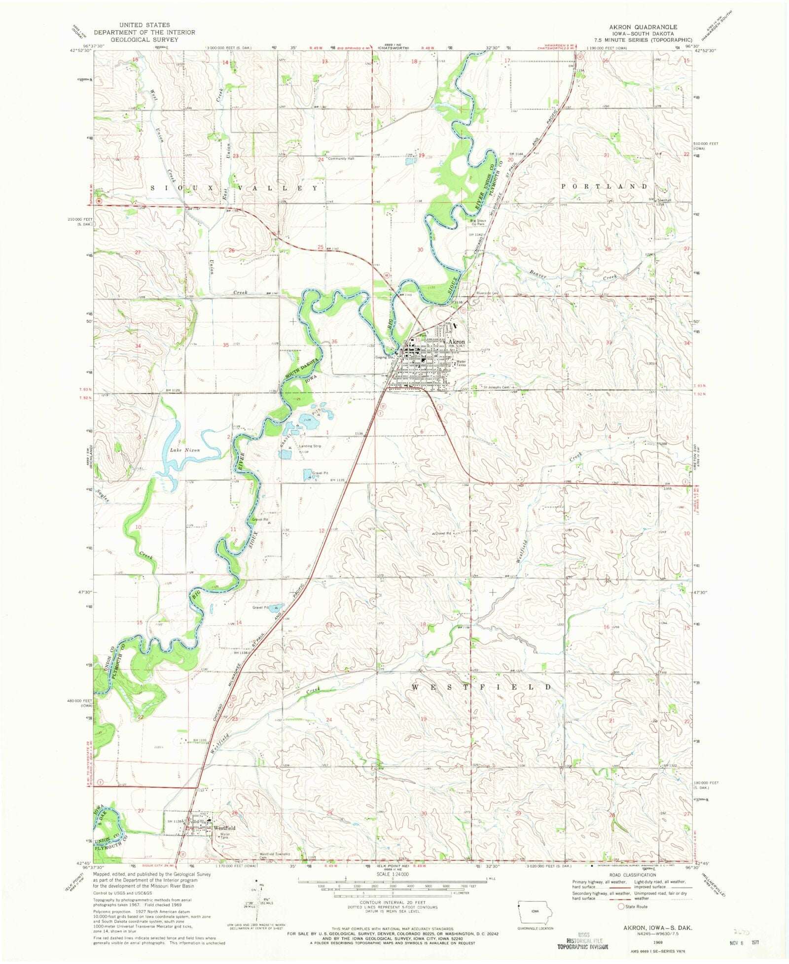 Classic USGS Akron Iowa 7.5'x7.5' Topo Map MyTopo Map Store