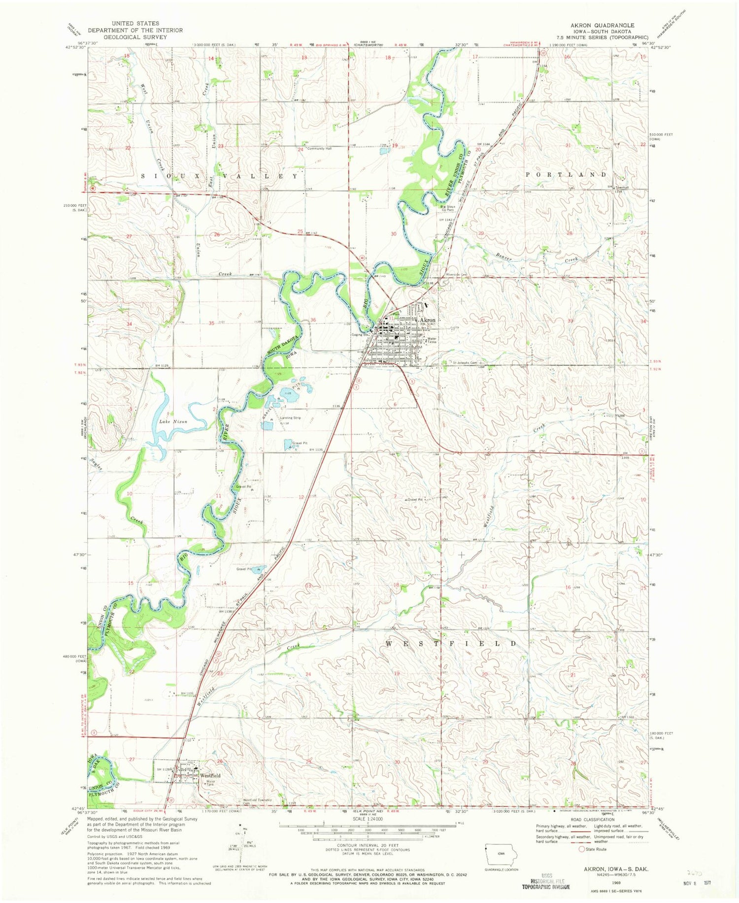Classic USGS Akron Iowa 7.5'x7.5' Topo Map Image