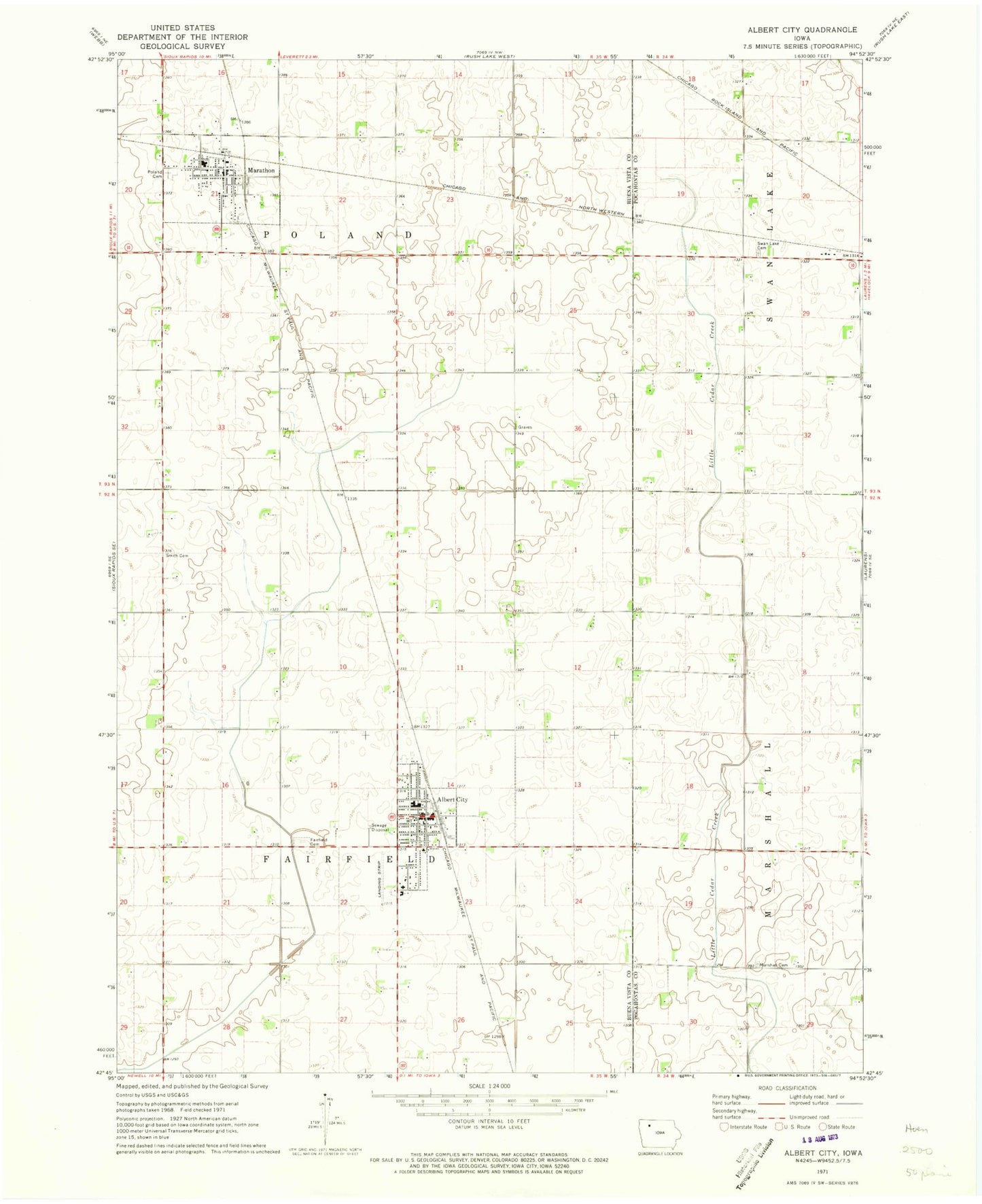 Classic USGS Albert City Iowa 7.5'x7.5' Topo Map Image