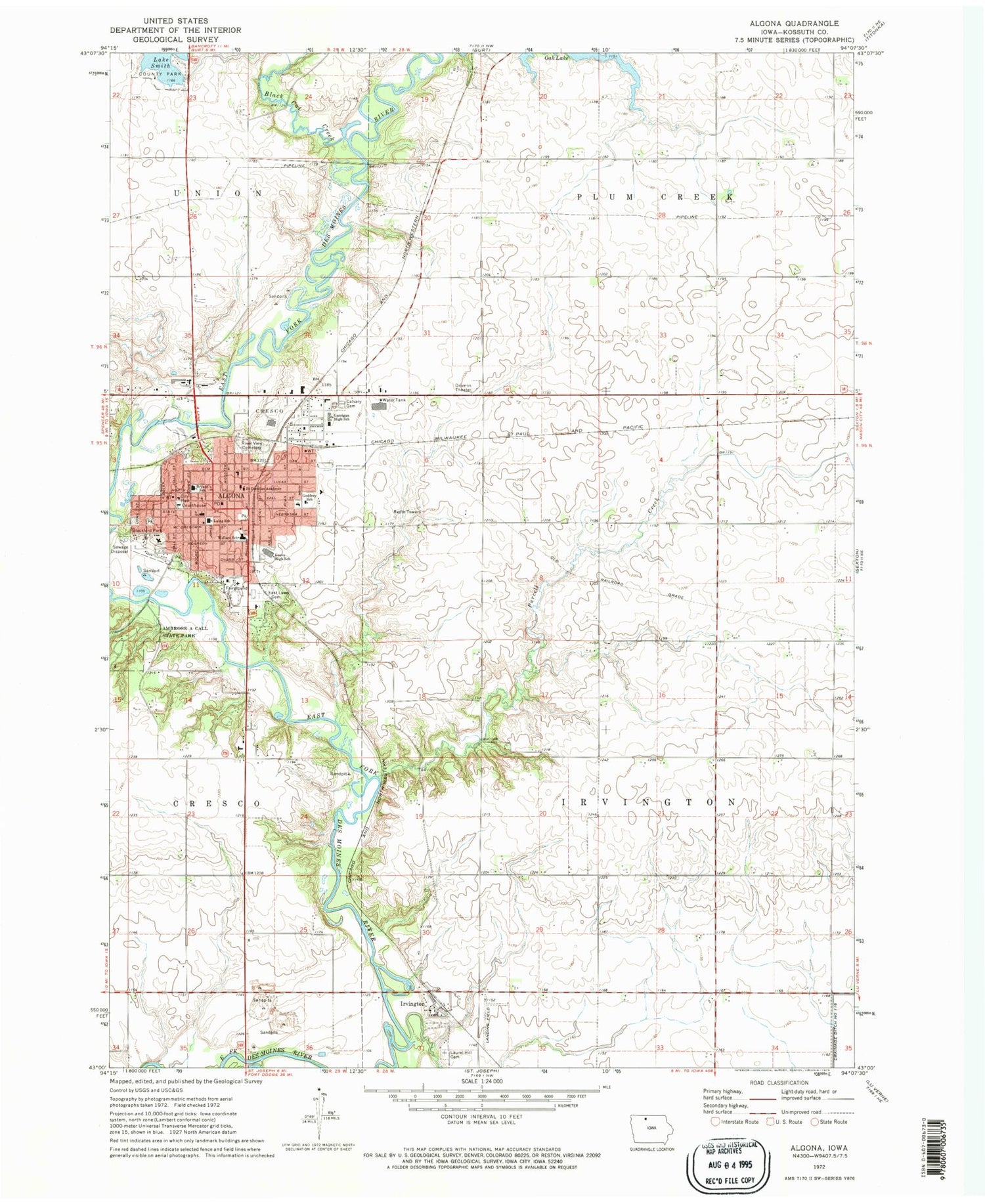Classic USGS Algona Iowa 7.5'x7.5' Topo Map Image