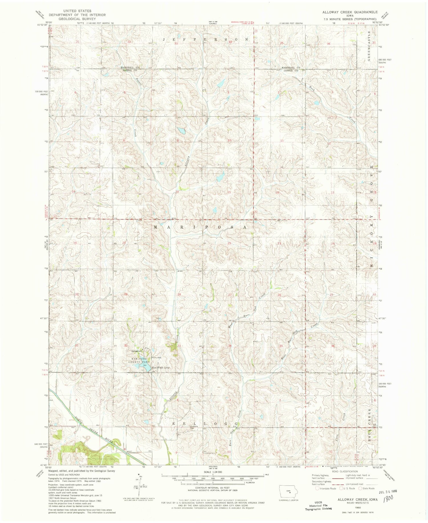 Classic USGS Alloway Creek Iowa 7.5'x7.5' Topo Map Image