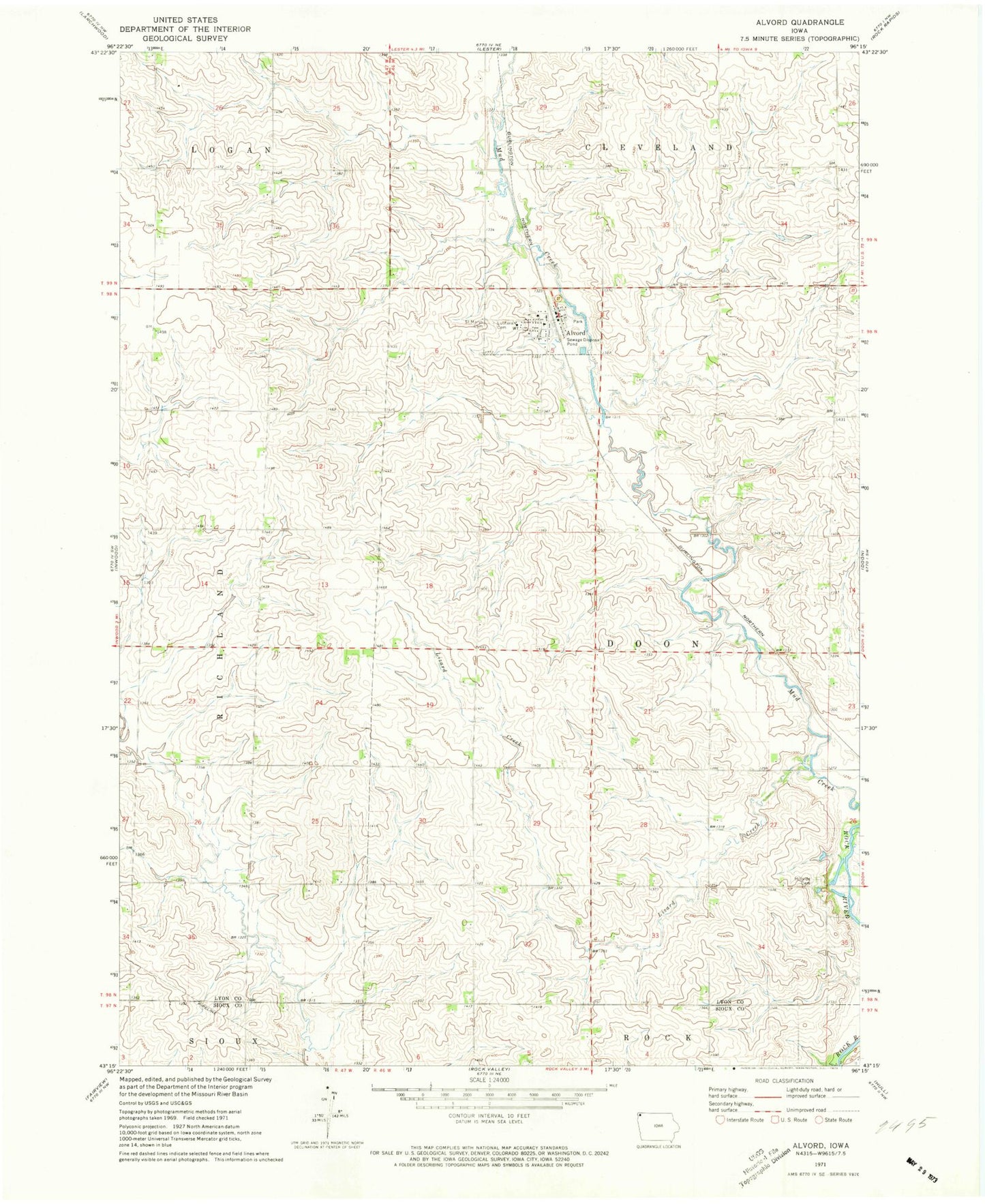 Classic USGS Alvord Iowa 7.5'x7.5' Topo Map Image