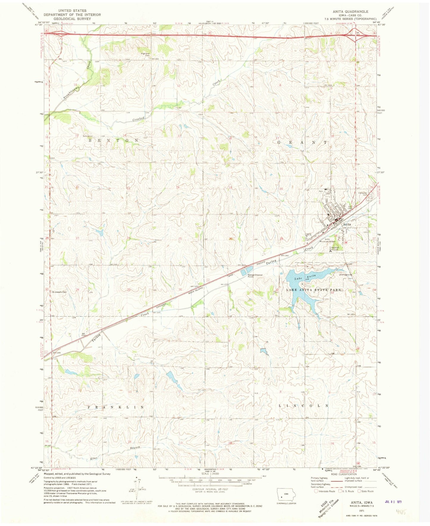 Classic USGS Anita Iowa 7.5'x7.5' Topo Map Image