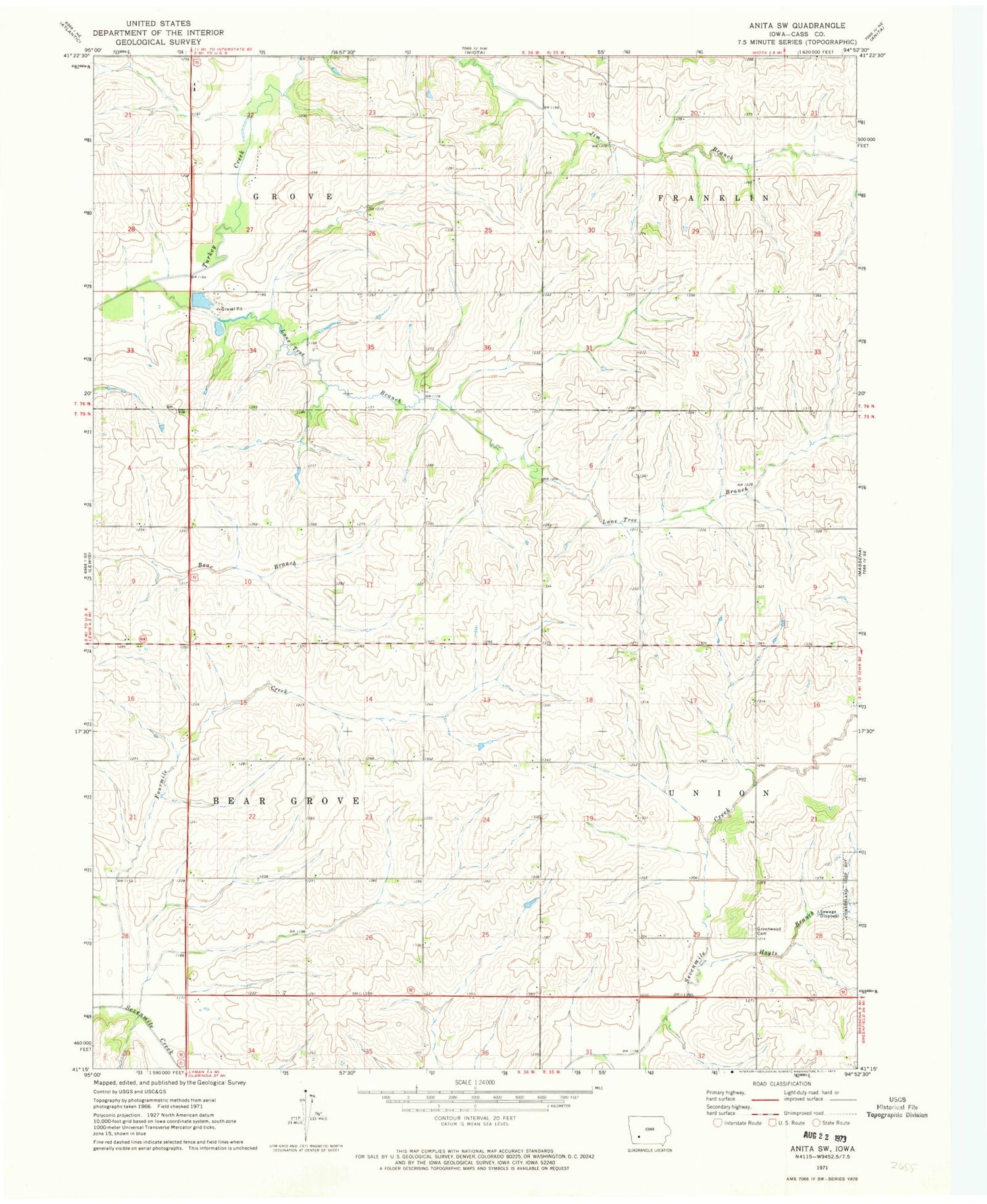 Classic USGS Anita SW Iowa 7.5'x7.5' Topo Map Image