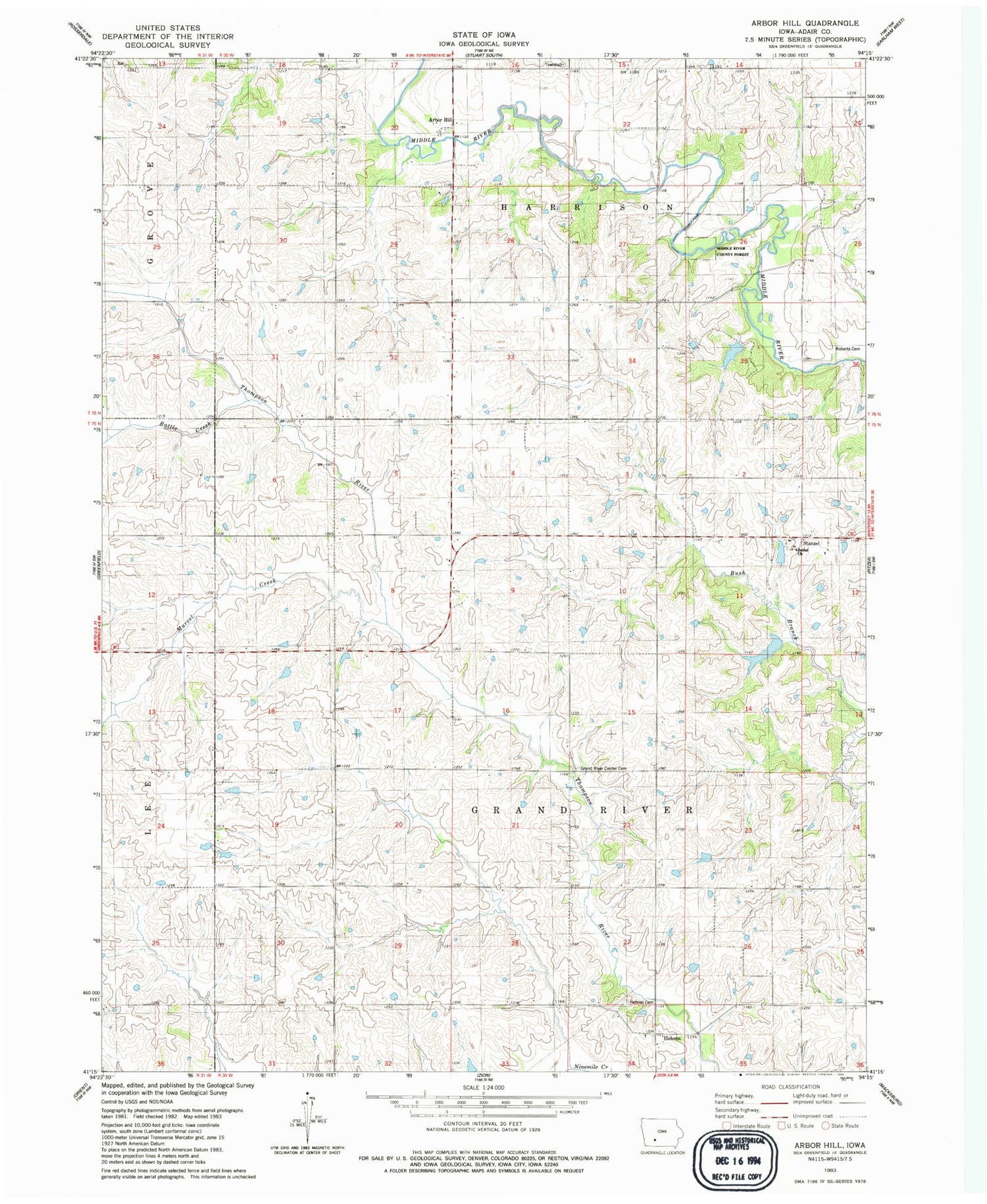 Classic USGS Arbor Hill Iowa 7.5'x7.5' Topo Map Image