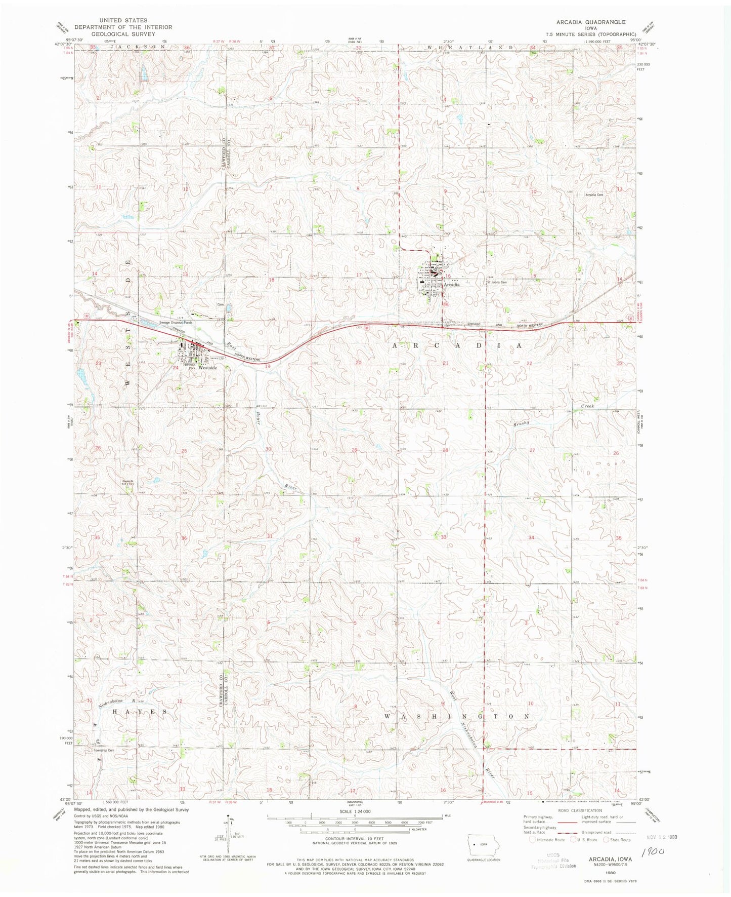 Classic USGS Arcadia Iowa 7.5'x7.5' Topo Map Image
