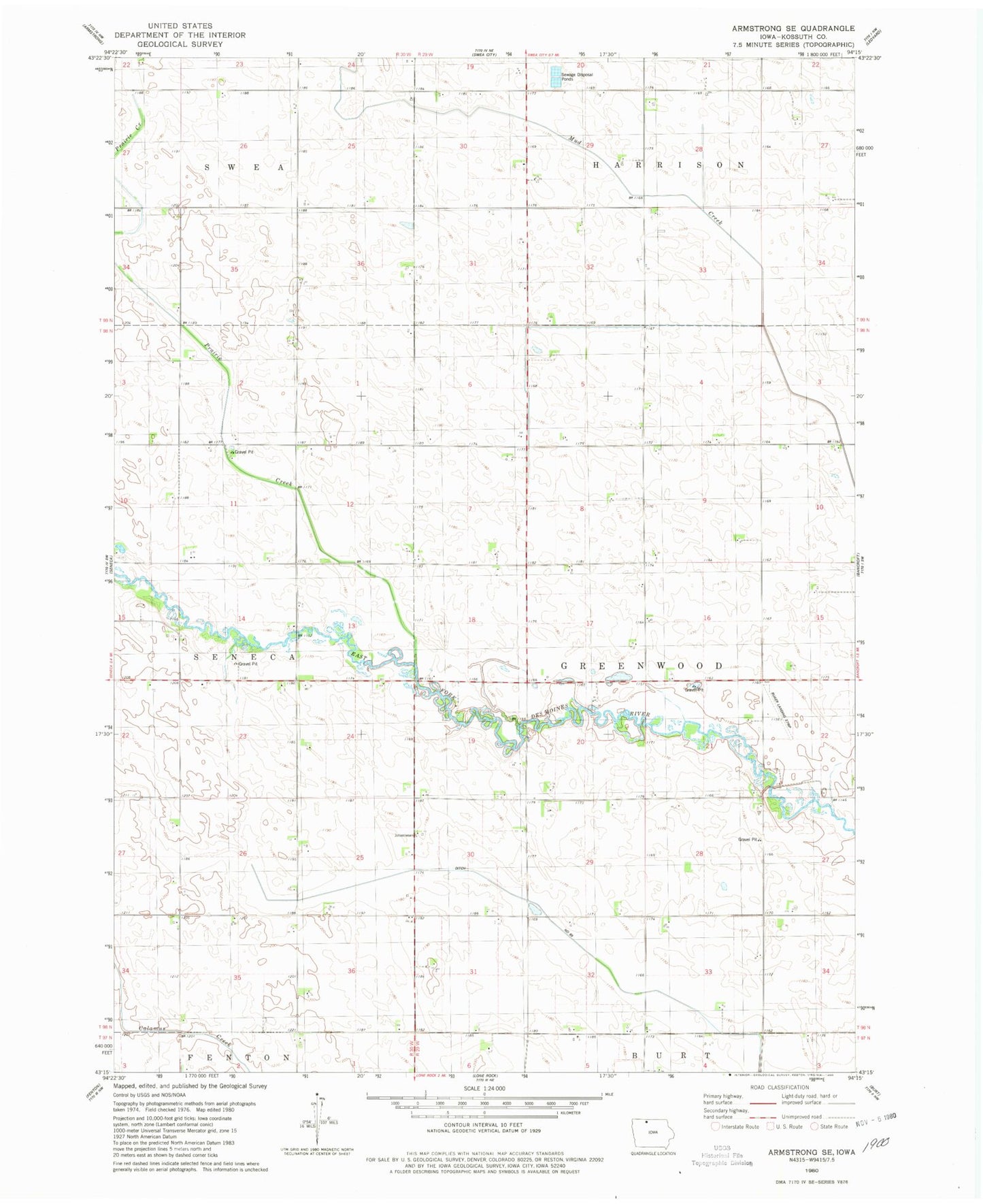 Classic USGS Armstrong SE Iowa 7.5'x7.5' Topo Map Image